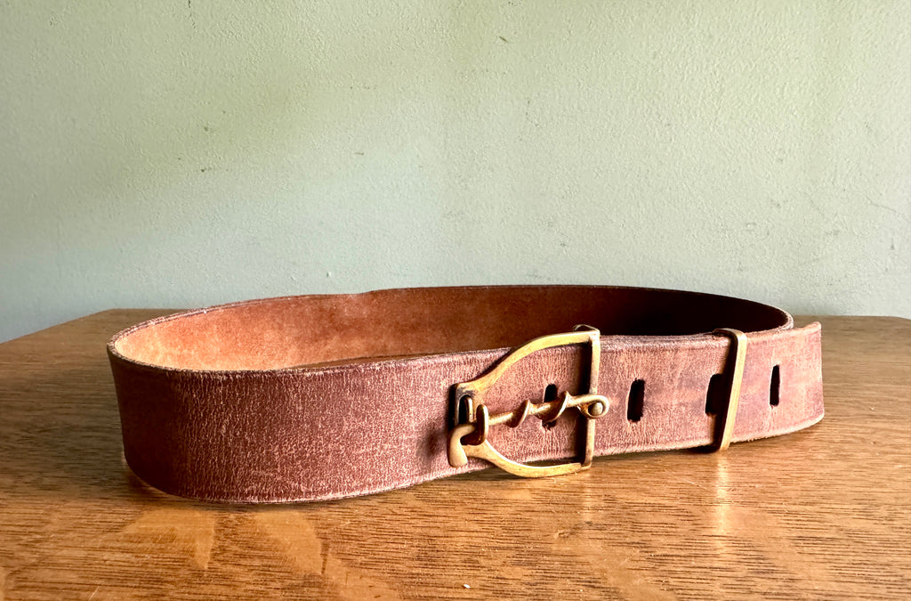 Vtg Hickok Leather Belt with Unique Brass Buckle By Hikock Bronze ~ Golfer Club Buckle
