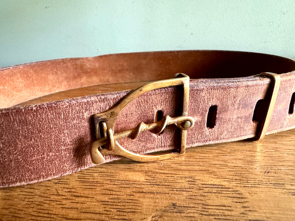 Vtg Hickok Leather Belt with Unique Brass Buckle By Hikock Bronze ~ Golfer Club Buckle