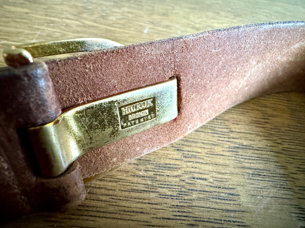 Vtg Hickok Leather Belt with Unique Brass Buckle By Hikock Bronze ~ Golfer Club Buckle
