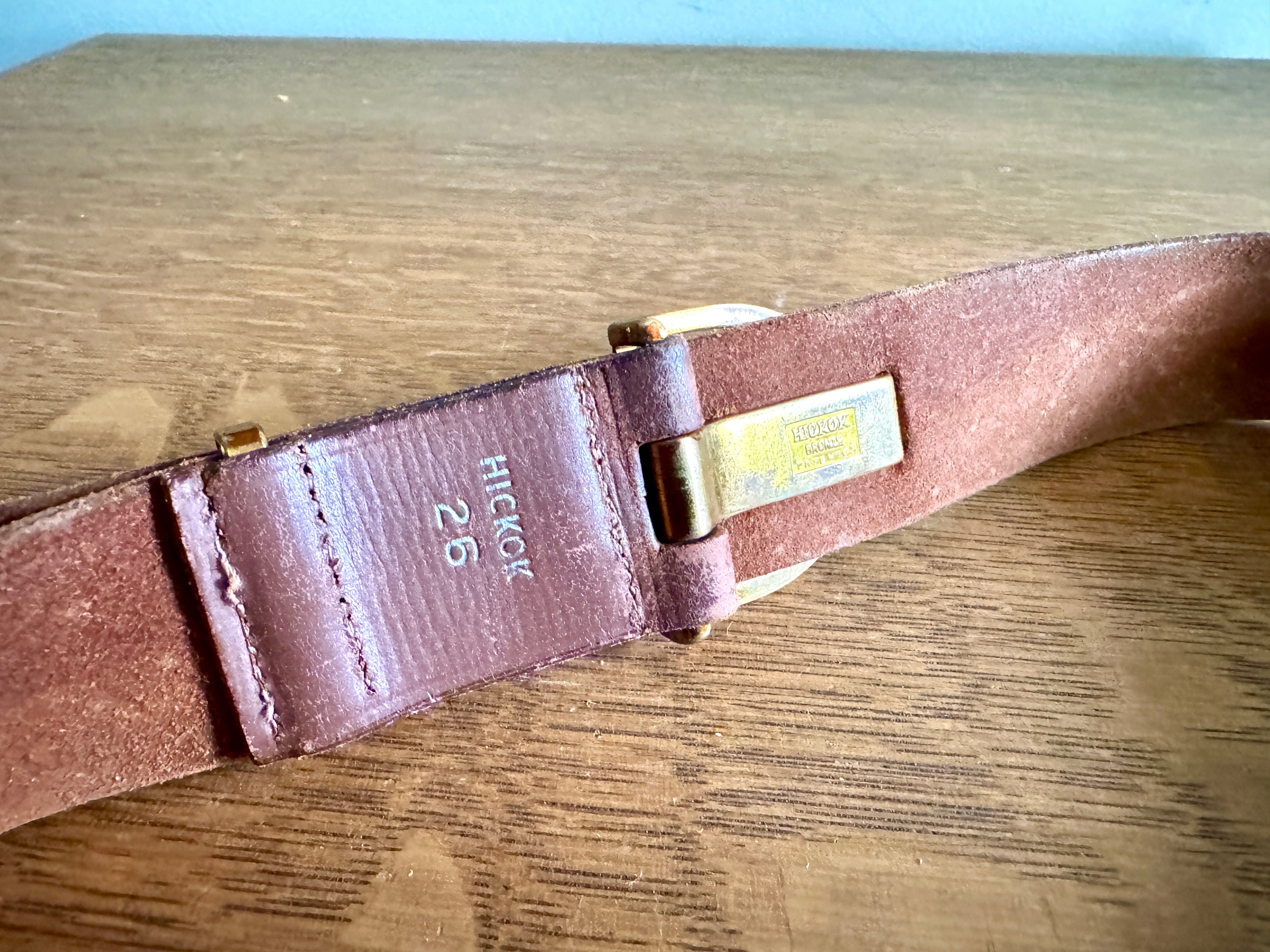 Vtg Hickok Leather Belt with Unique Brass Buckle By Hikock Bronze ~ Golfer Club Buckle