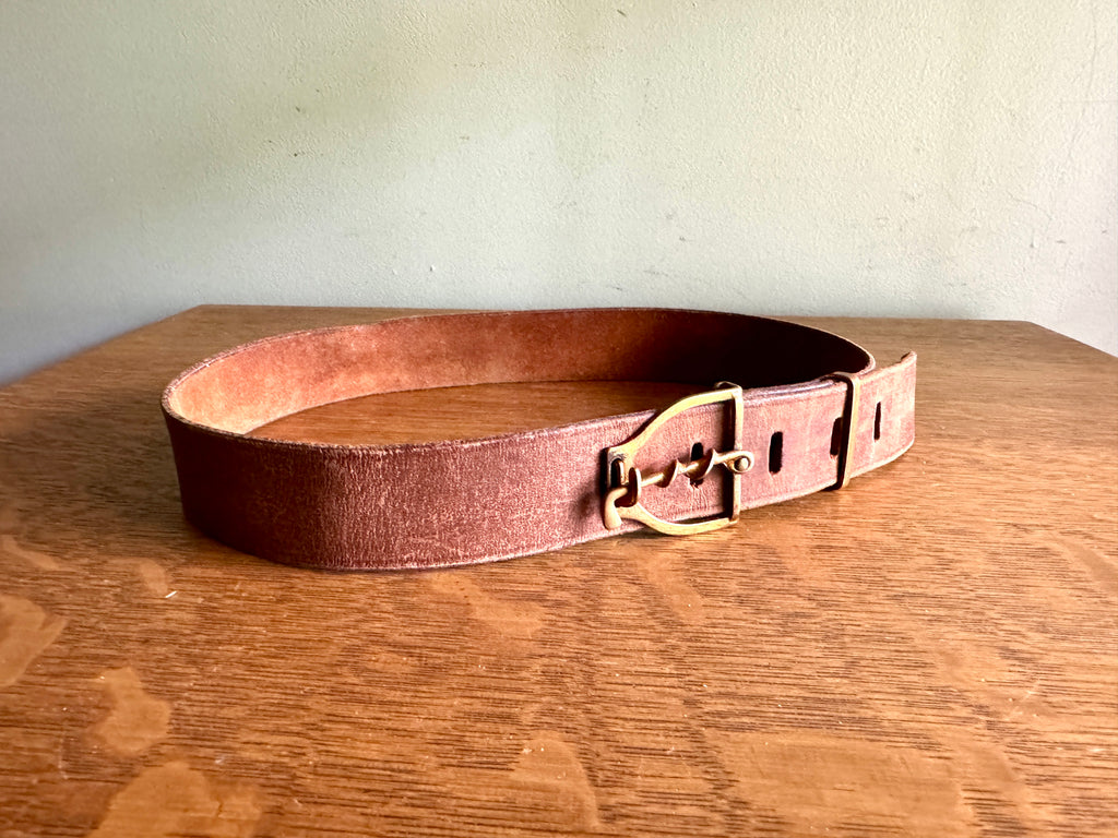 Vtg Hickok Leather Belt with Unique Brass Buckle By Hikock Bronze ~ Golfer Club Buckle