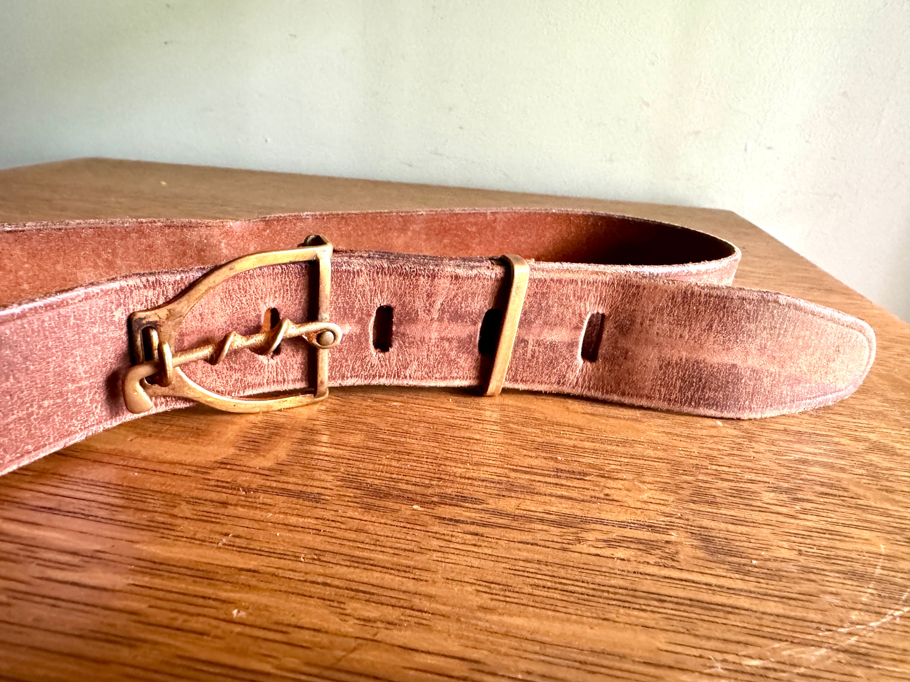 Vtg Hickok Leather Belt with Unique Brass Buckle By Hikock Bronze ~ Golfer Club Buckle