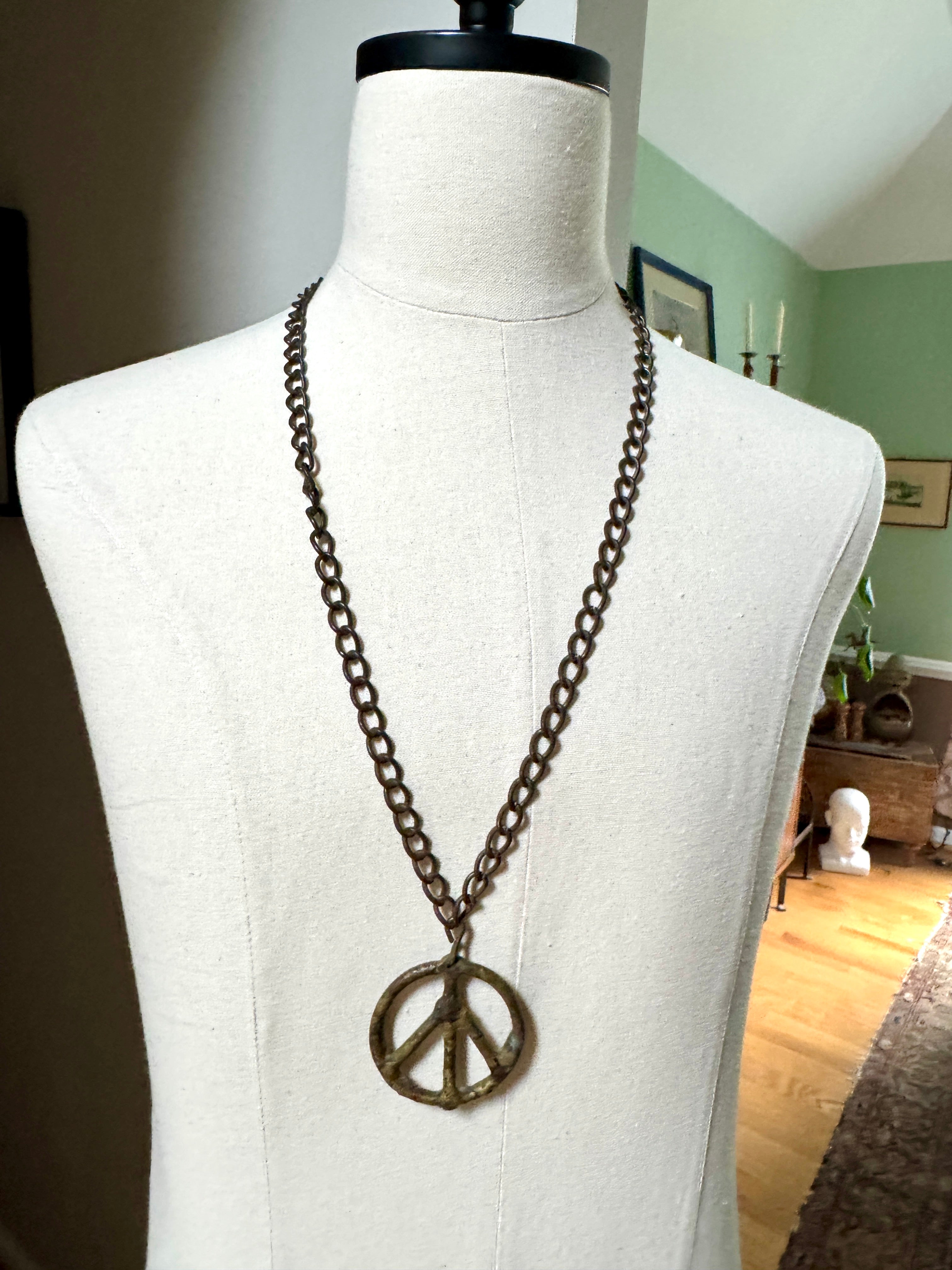 1960's Metal Peace SIgn Pendant Necklace on Metal Chain ~ Rustic Folk Art Necklace