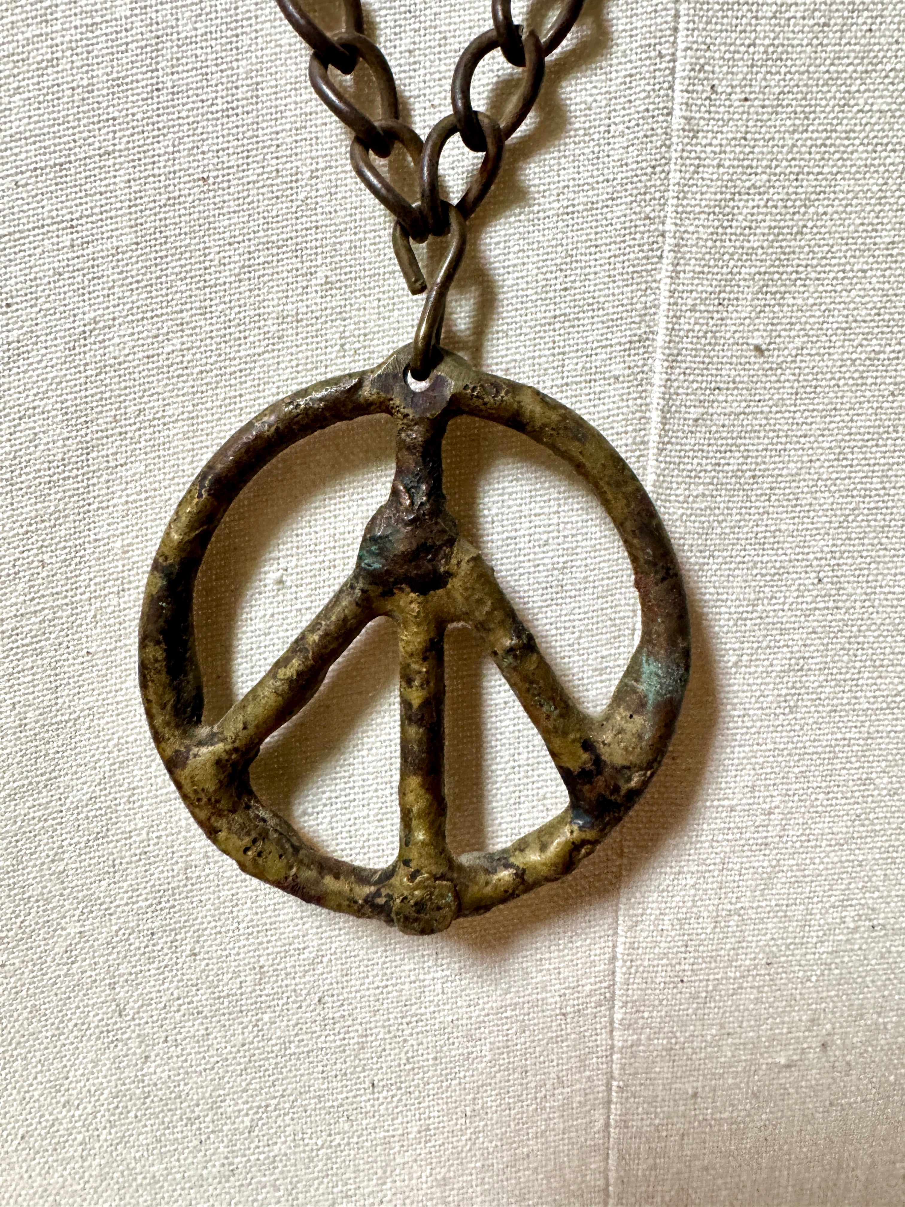 1960's Metal Peace SIgn Pendant Necklace on Metal Chain ~ Rustic Folk Art Necklace
