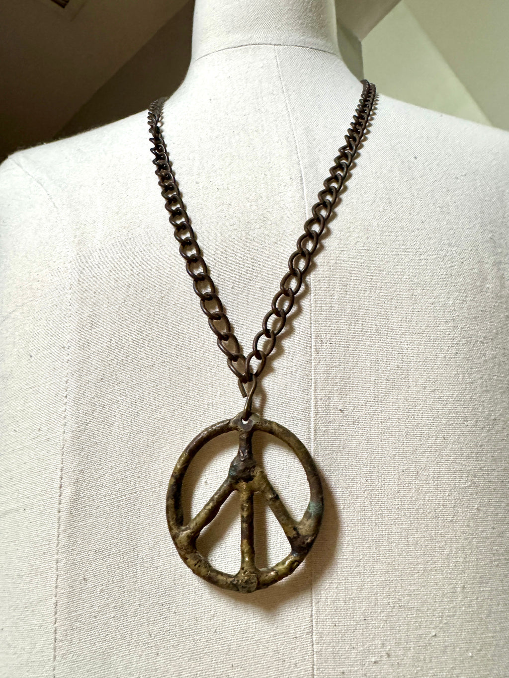 1960's Metal Peace SIgn Pendant Necklace on Metal Chain ~ Rustic Folk Art Necklace