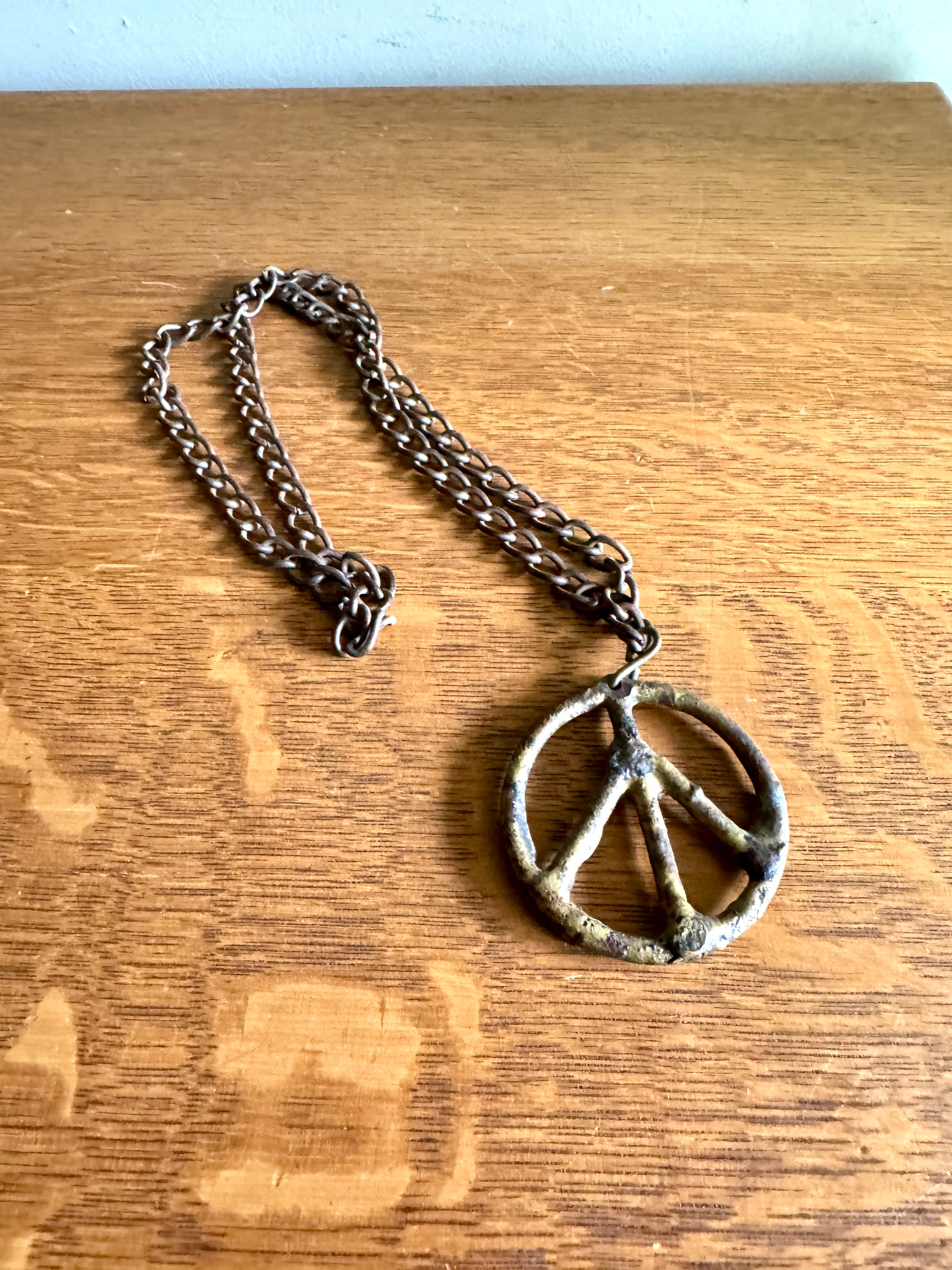 1960's Metal Peace SIgn Pendant Necklace on Metal Chain ~ Rustic Folk Art Necklace