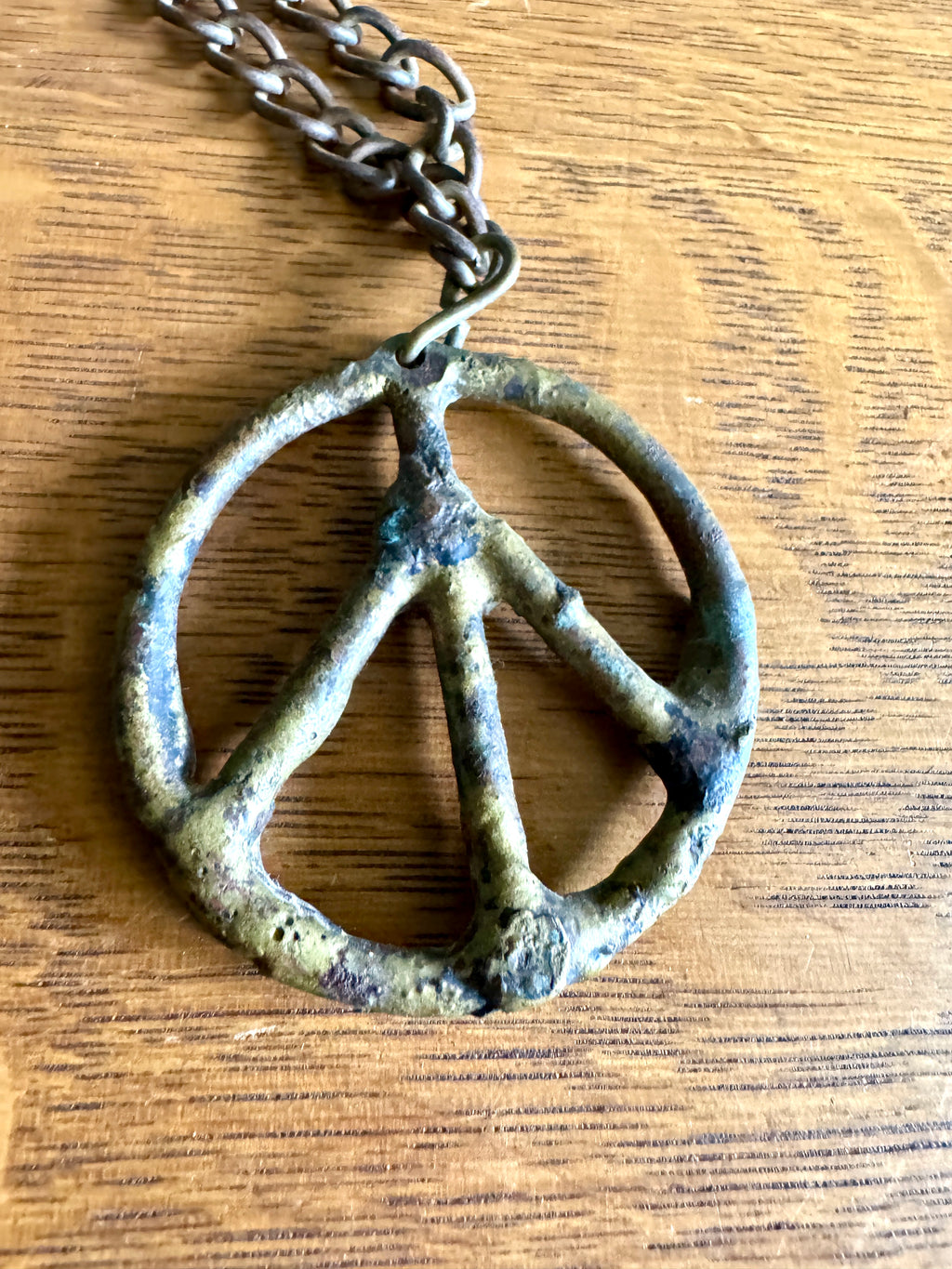 1960's Metal Peace SIgn Pendant Necklace on Metal Chain ~ Rustic Folk Art Necklace