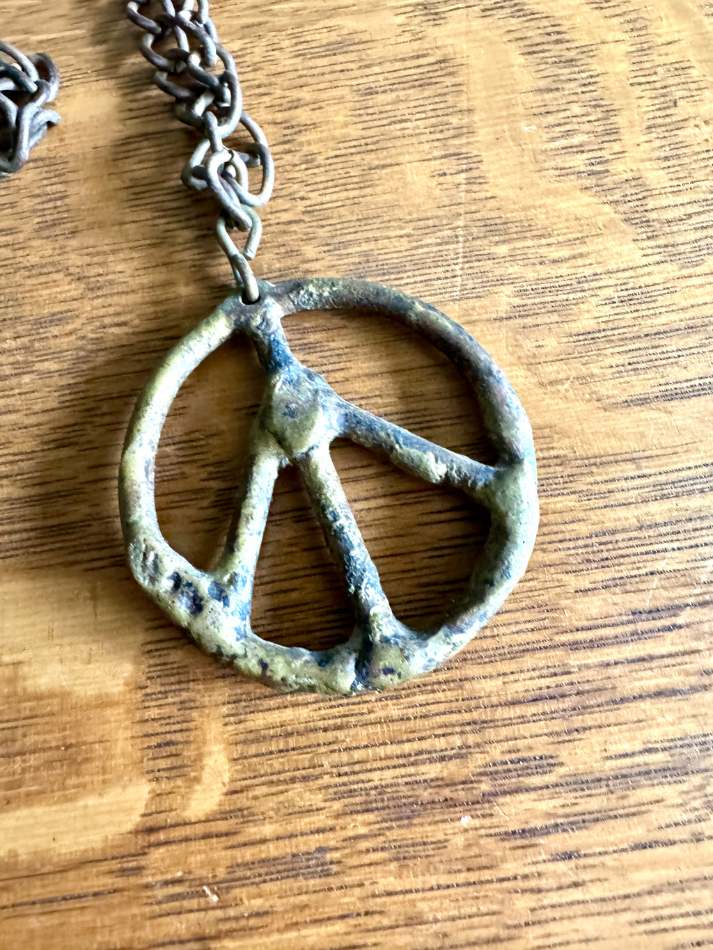 1960's Metal Peace SIgn Pendant Necklace on Metal Chain ~ Rustic Folk Art Necklace