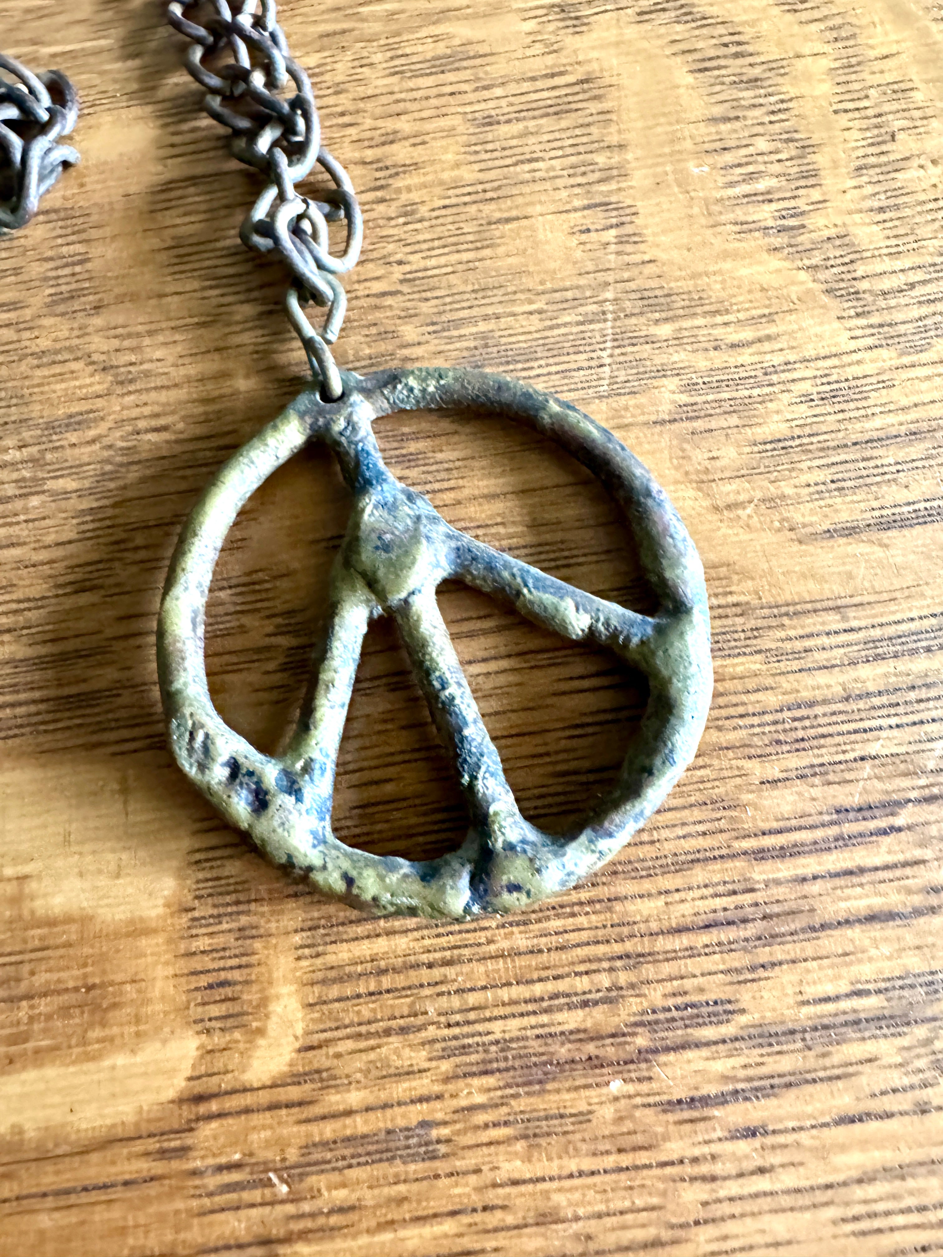 1960's Metal Peace SIgn Pendant Necklace on Metal Chain ~ Rustic Folk Art Necklace