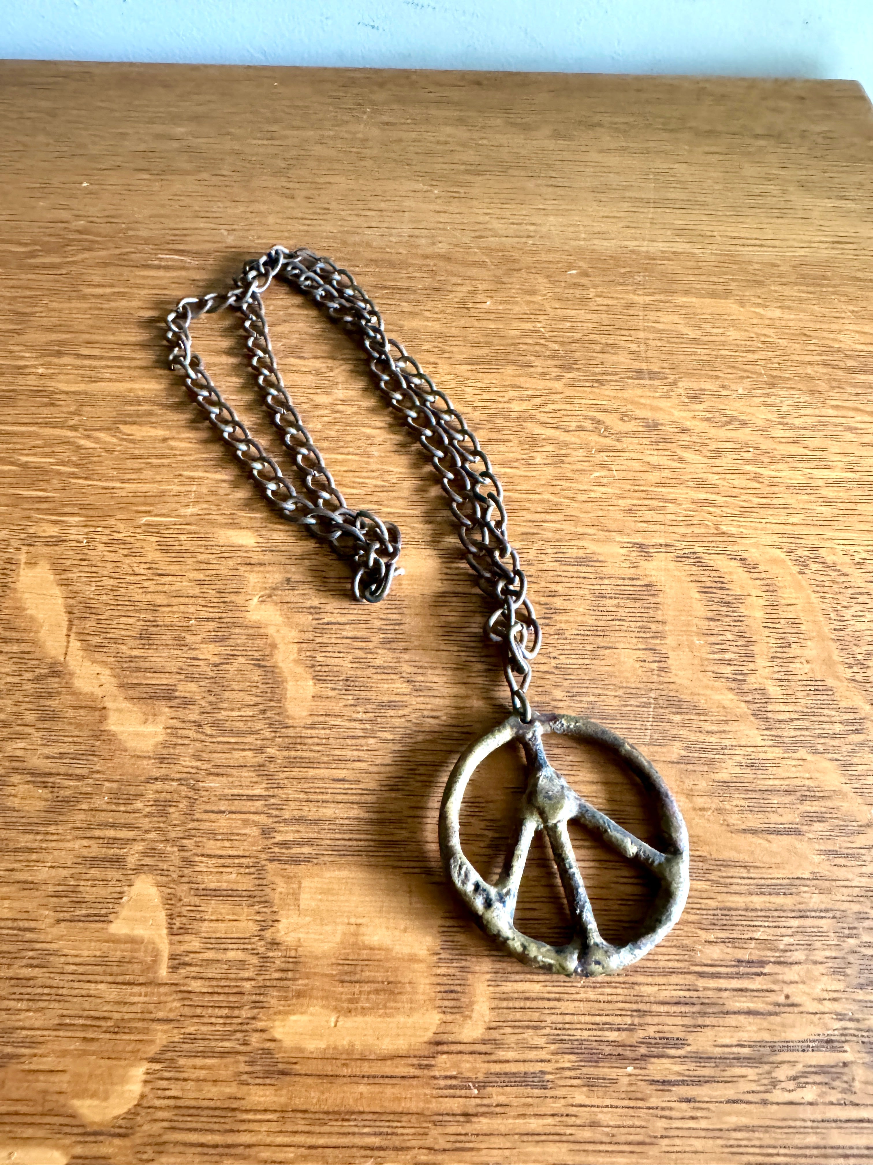 1960's Metal Peace SIgn Pendant Necklace on Metal Chain ~ Rustic Folk Art Necklace