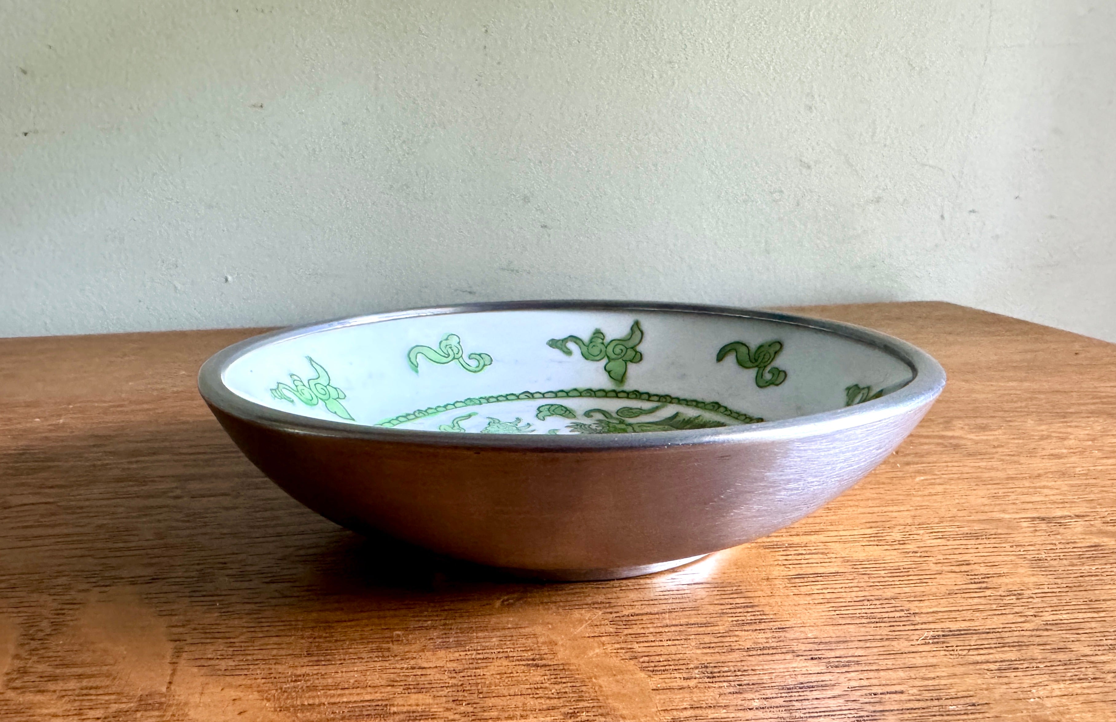 Vtg Bergdorf Goodman Hand painted Porcelain and Pewter Dragon Dish ~ Famille Dragon Dish