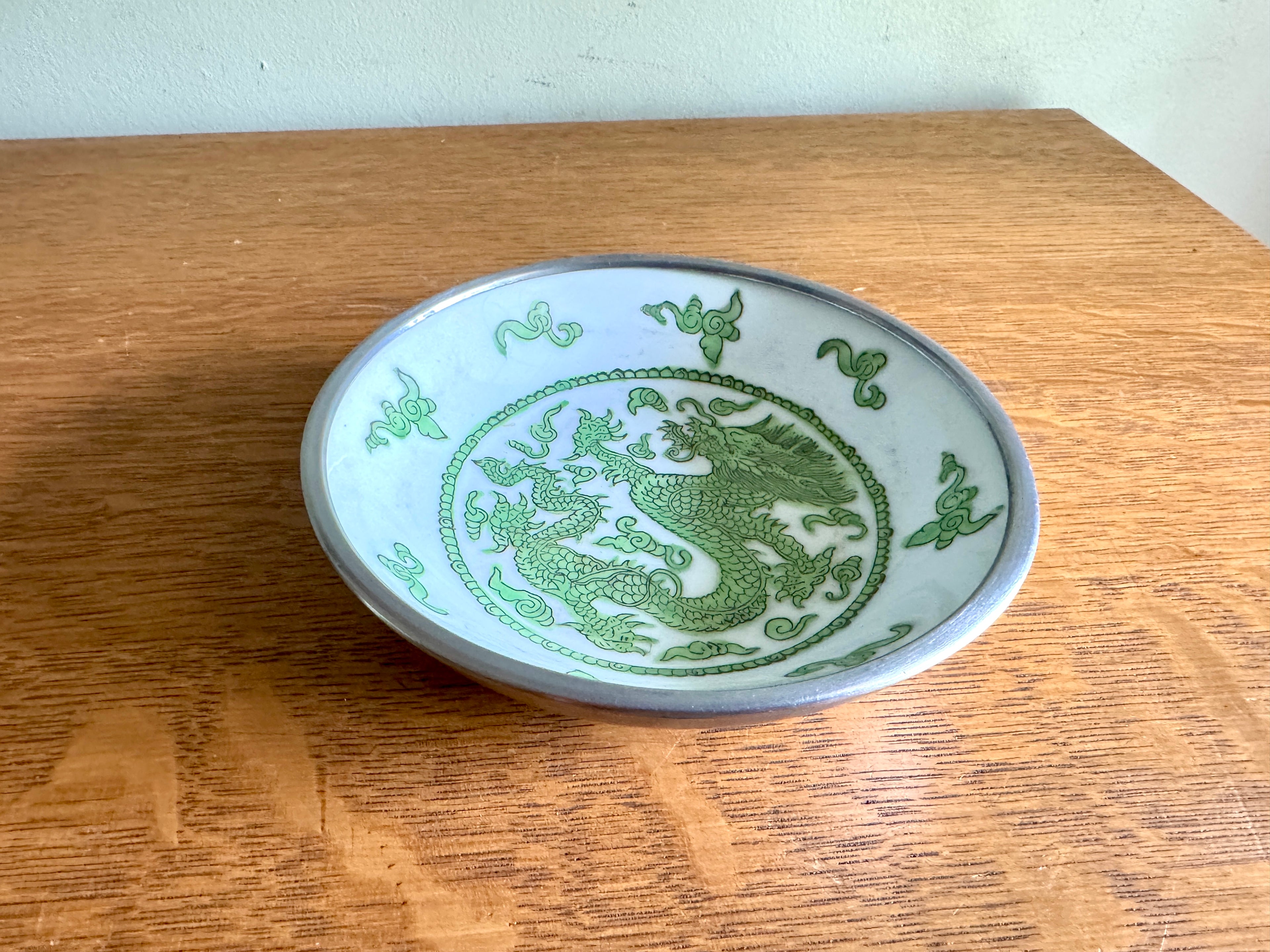 Vtg Bergdorf Goodman Hand painted Porcelain and Pewter Dragon Dish ~ Famille Dragon Dish