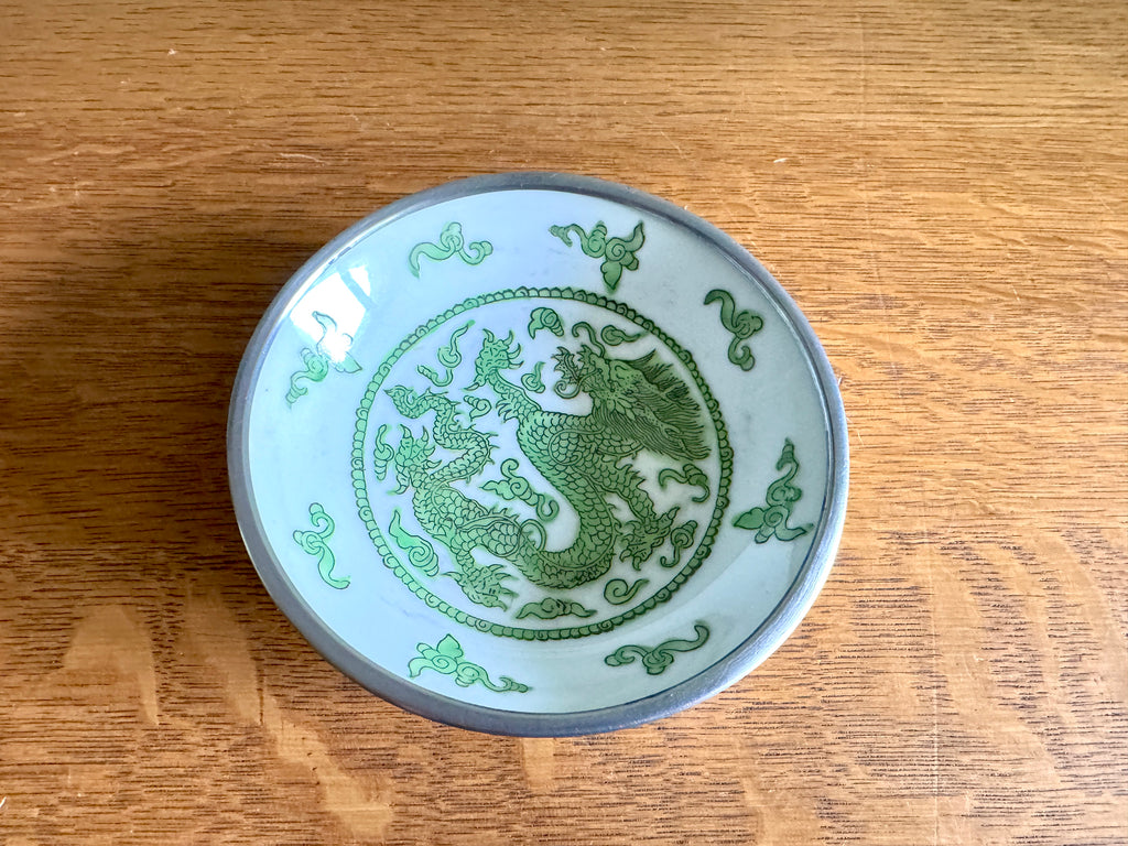 Vtg Bergdorf Goodman Hand painted Porcelain and Pewter Dragon Dish ~ Famille Dragon Dish