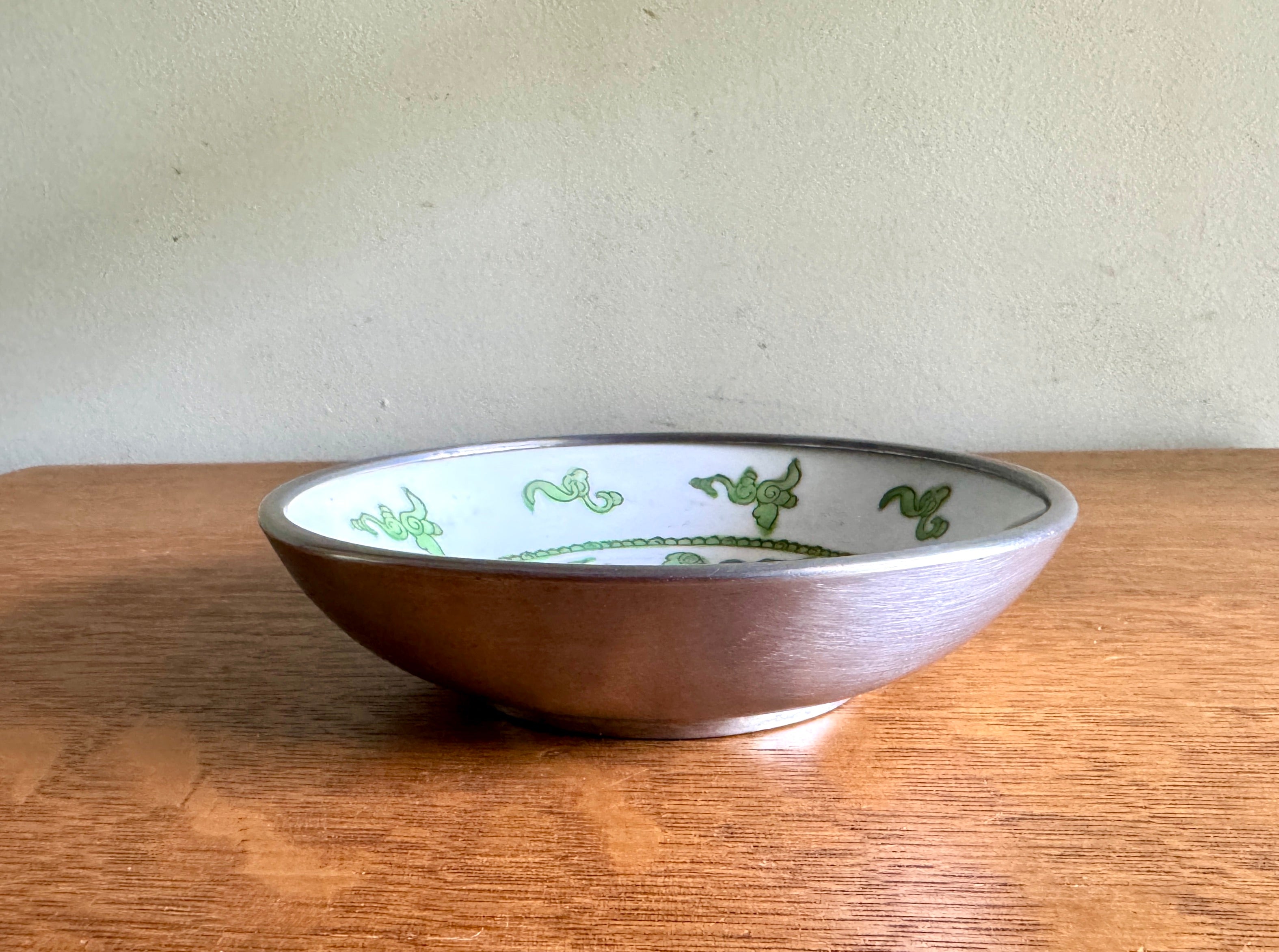 Vtg Bergdorf Goodman Hand painted Porcelain and Pewter Dragon Dish ~ Famille Dragon Dish