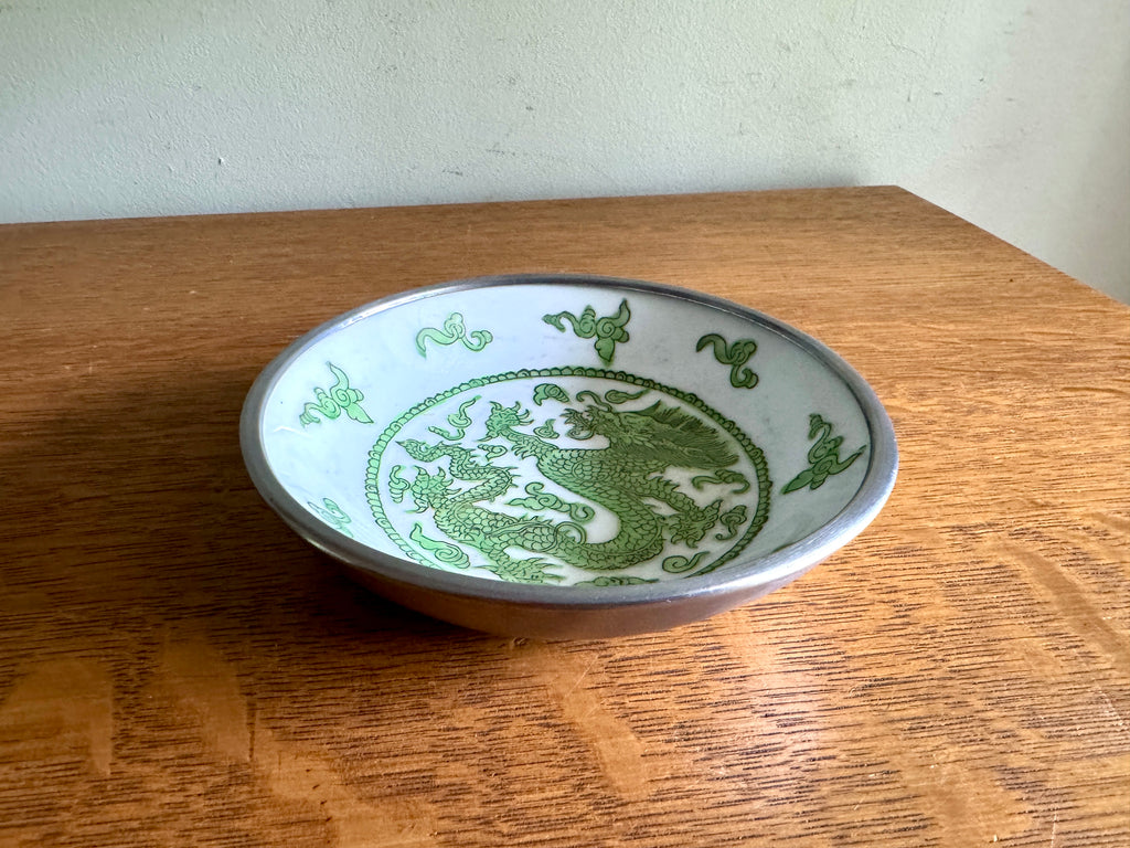 Vtg Bergdorf Goodman Hand painted Porcelain and Pewter Dragon Dish ~ Famille Dragon Dish
