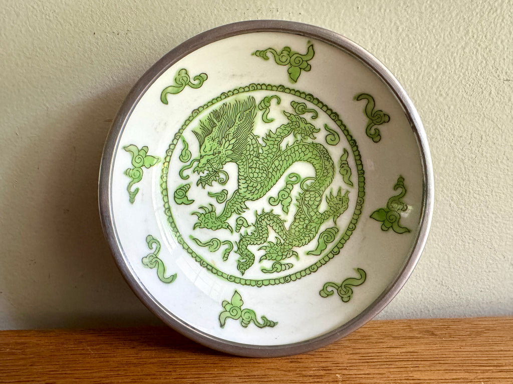 Vtg Bergdorf Goodman Hand painted Porcelain and Pewter Dragon Dish ~ Famille Dragon Dish