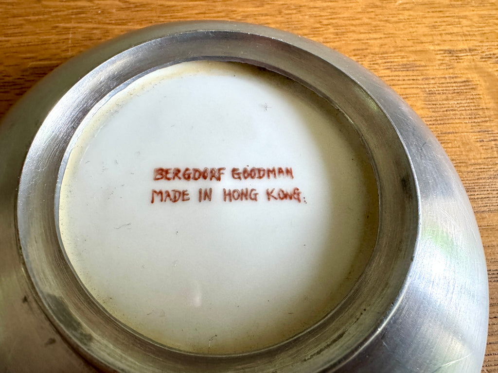 Vtg Bergdorf Goodman Hand painted Porcelain and Pewter Dragon Dish ~ Famille Dragon Dish