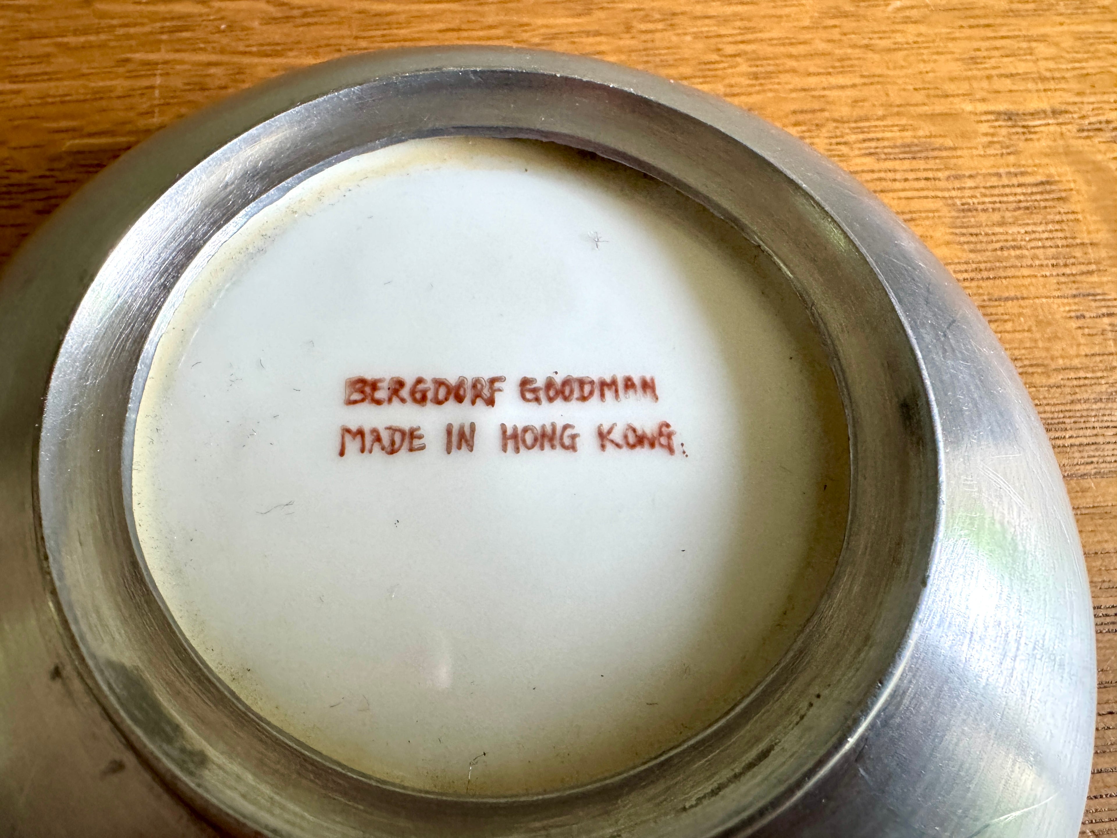 Vtg Bergdorf Goodman Hand painted Porcelain and Pewter Dragon Dish ~ Famille Dragon Dish
