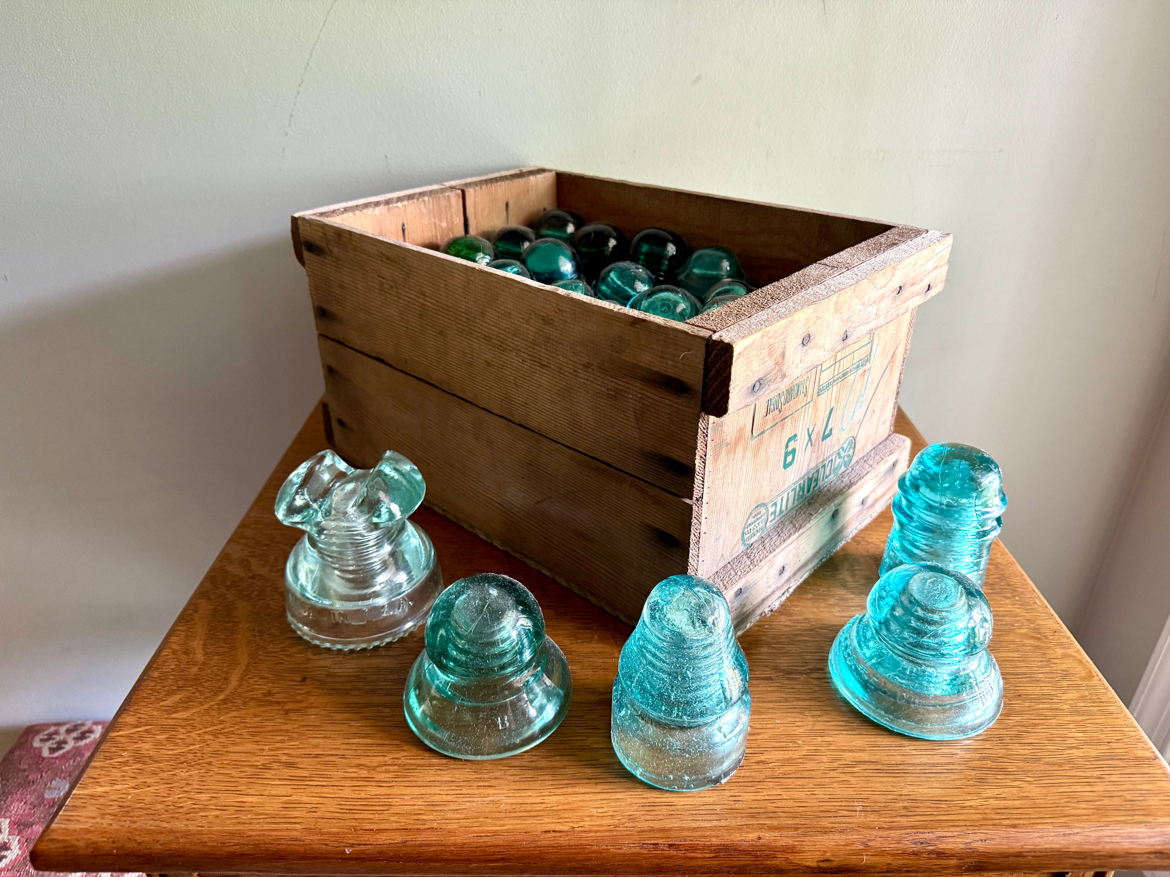 Mixed Lot of 47 Antique Glass Insulators ~ Brookfield & Hemingray Insulators in Wooden Box