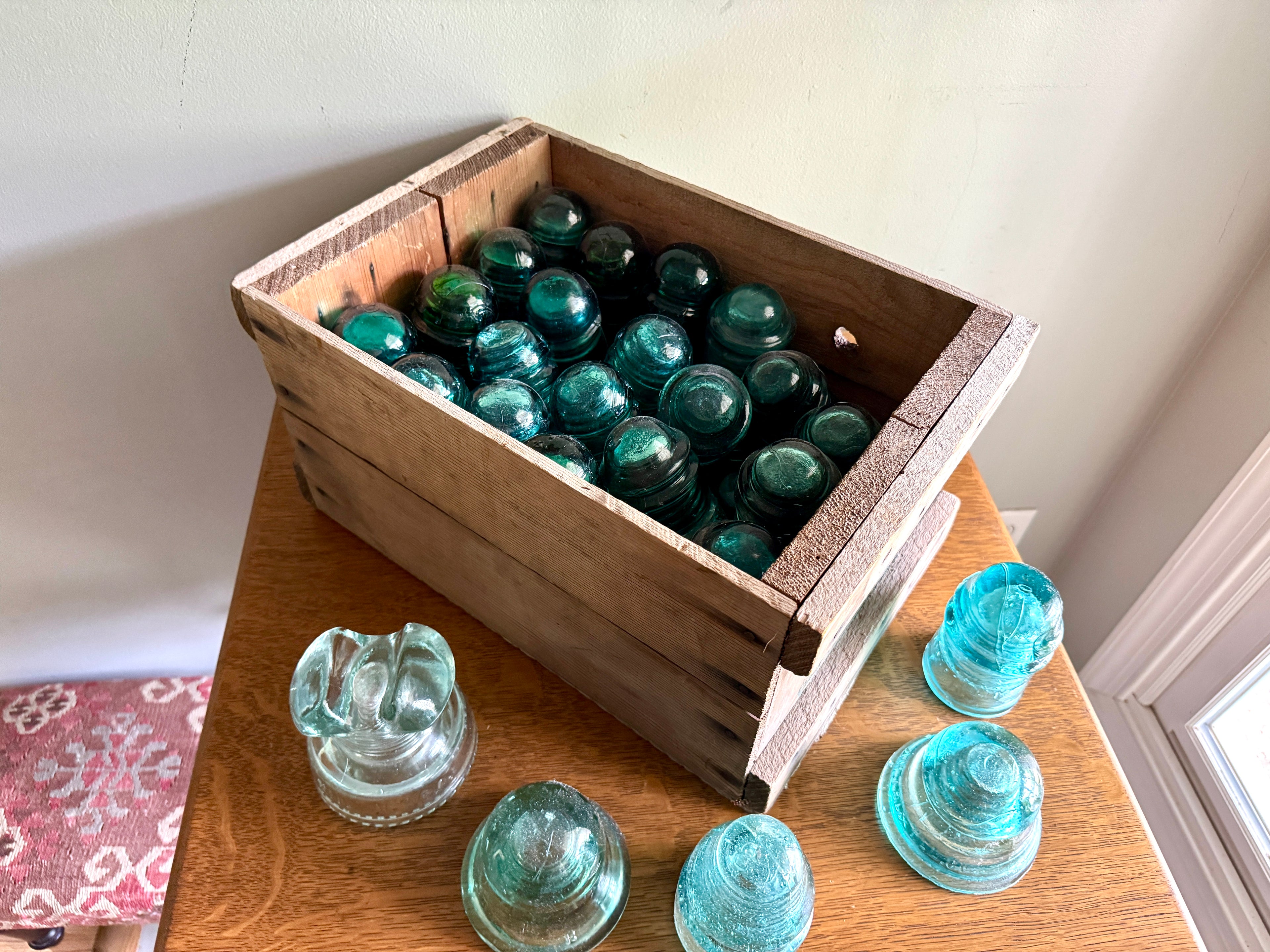 Mixed Lot of 47 Antique Glass Insulators ~ Brookfield & Hemingray Insulators in Wooden Box