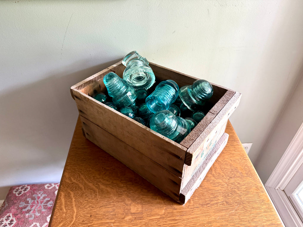 Mixed Lot of 47 Antique Glass Insulators ~ Brookfield & Hemingray Insulators in Wooden Box