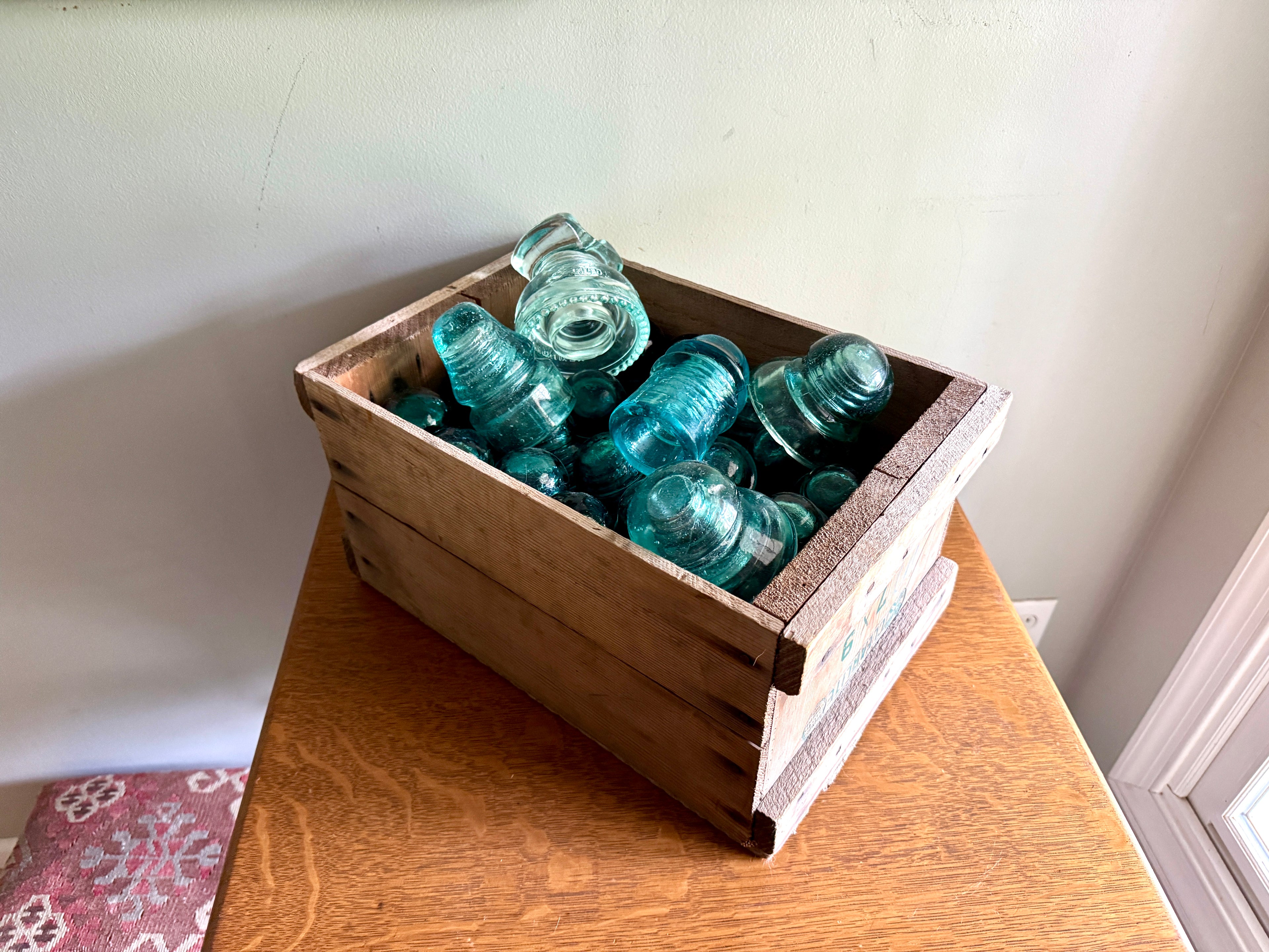 Mixed Lot of 47 Antique Glass Insulators ~ Brookfield & Hemingray Insulators in Wooden Box