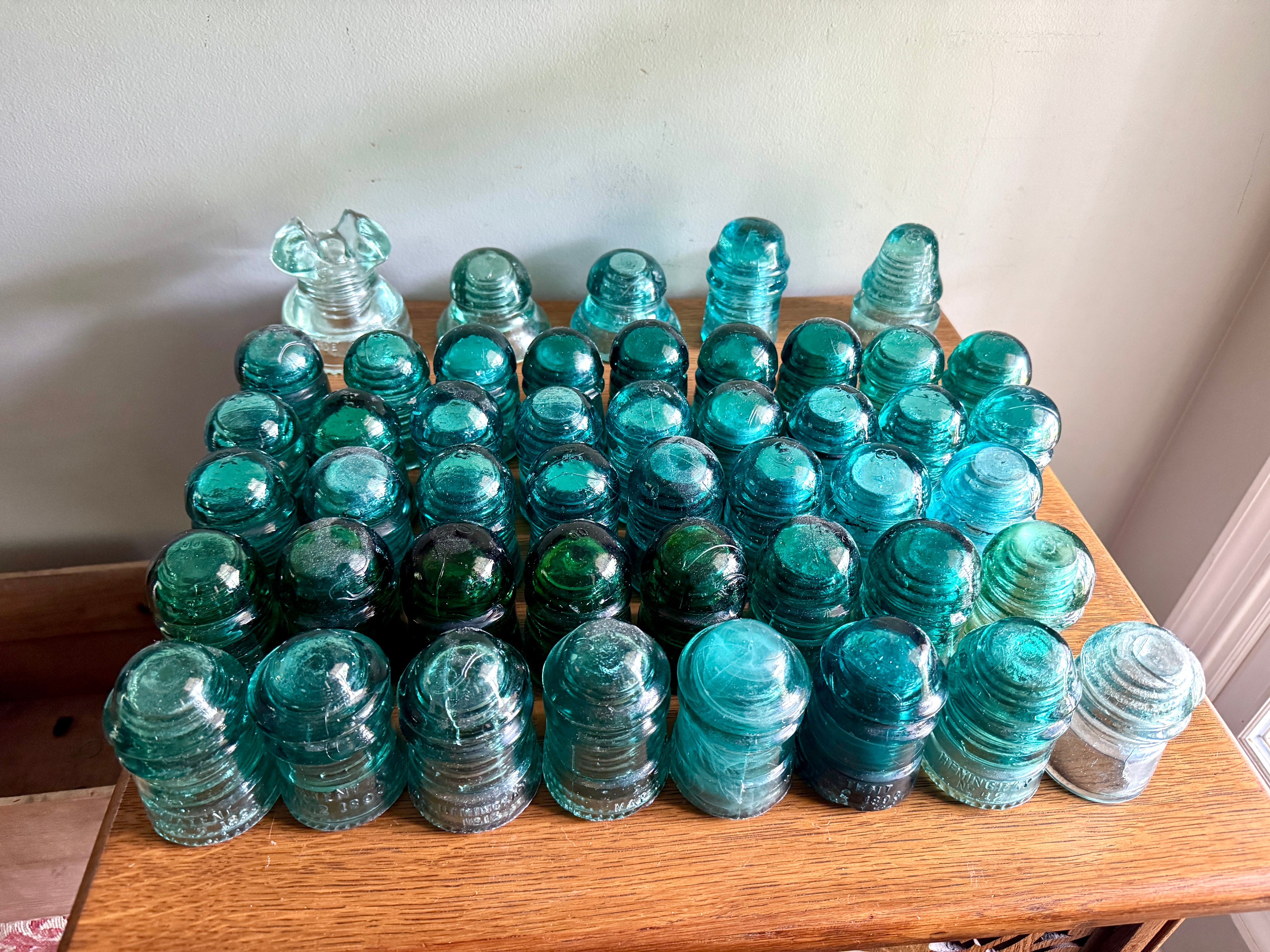 Mixed Lot of 47 Antique Glass Insulators ~ Brookfield & Hemingray Insulators in Wooden Box