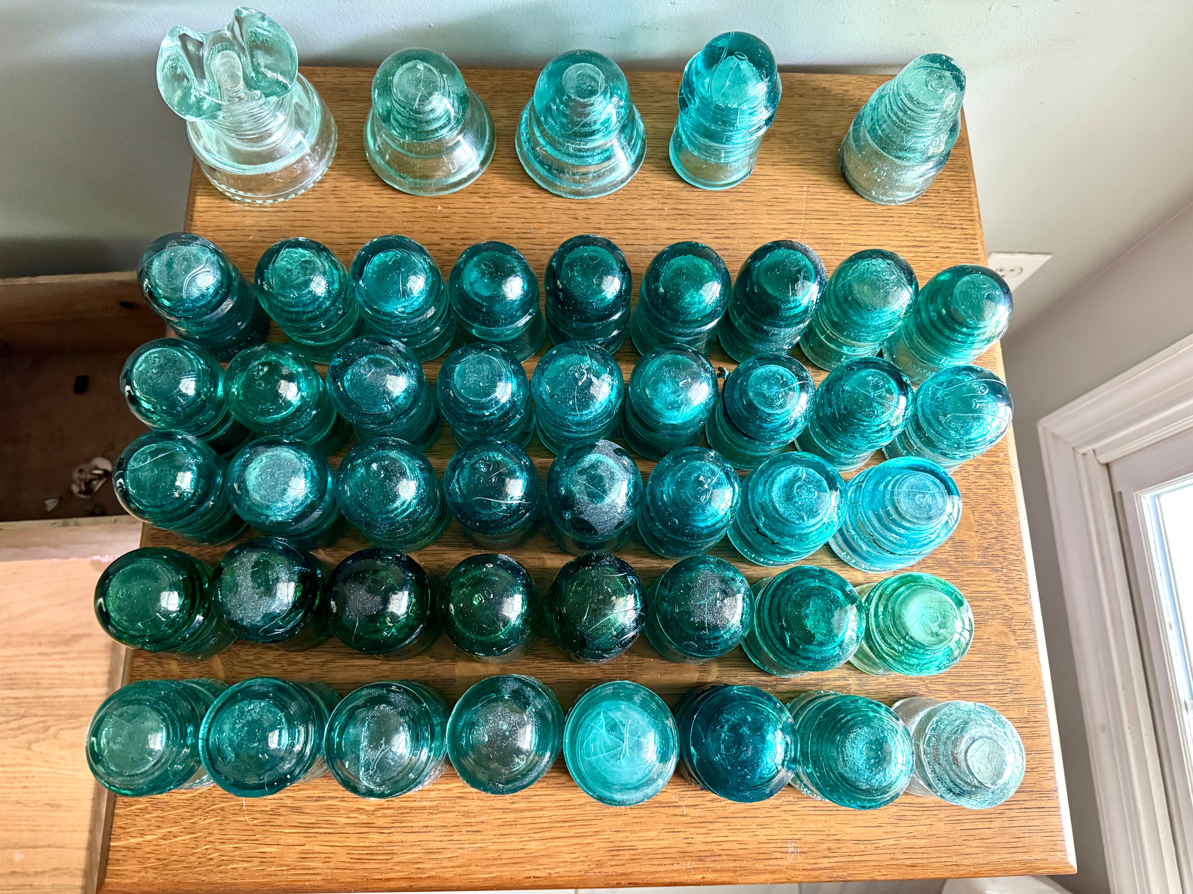 Mixed Lot of 47 Antique Glass Insulators ~ Brookfield & Hemingray Insulators in Wooden Box