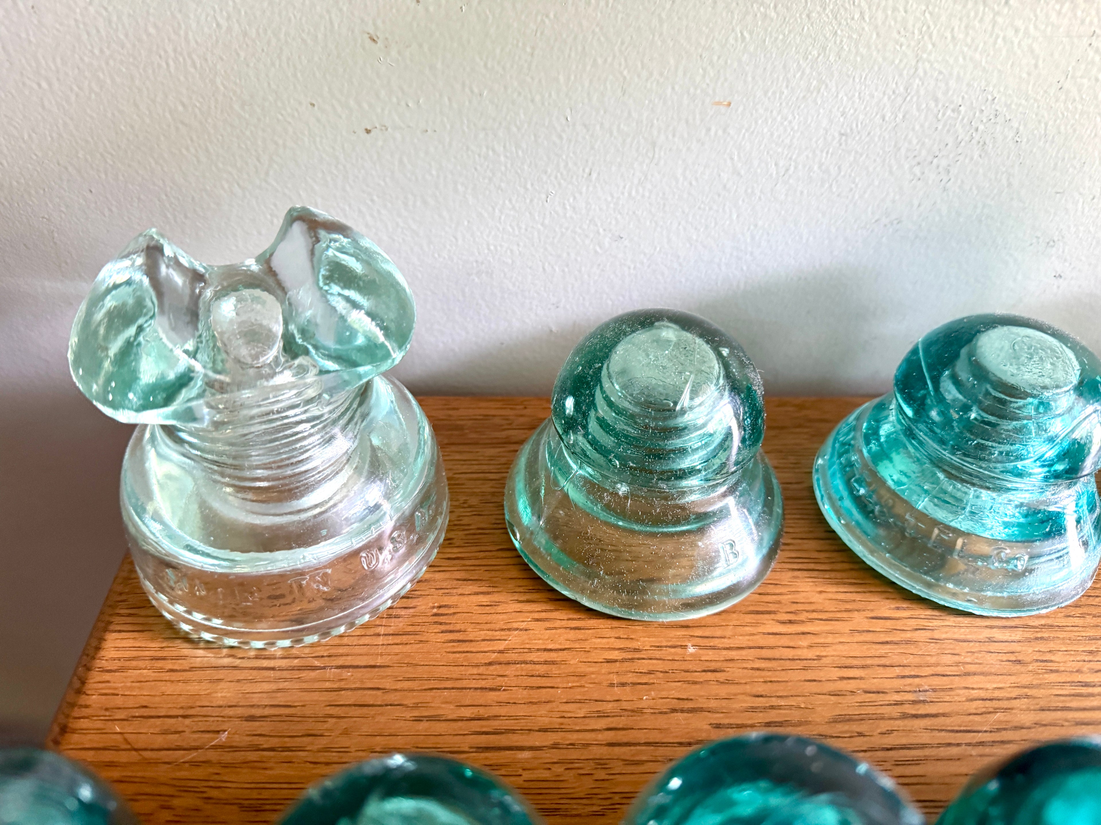 Mixed Lot of 47 Antique Glass Insulators ~ Brookfield & Hemingray Insulators in Wooden Box