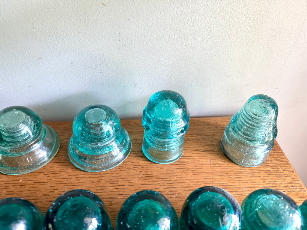 Mixed Lot of 47 Antique Glass Insulators ~ Brookfield & Hemingray Insulators in Wooden Box