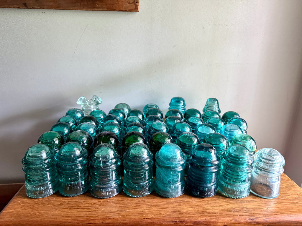 Mixed Lot of 47 Antique Glass Insulators ~ Brookfield & Hemingray Insulators in Wooden Box