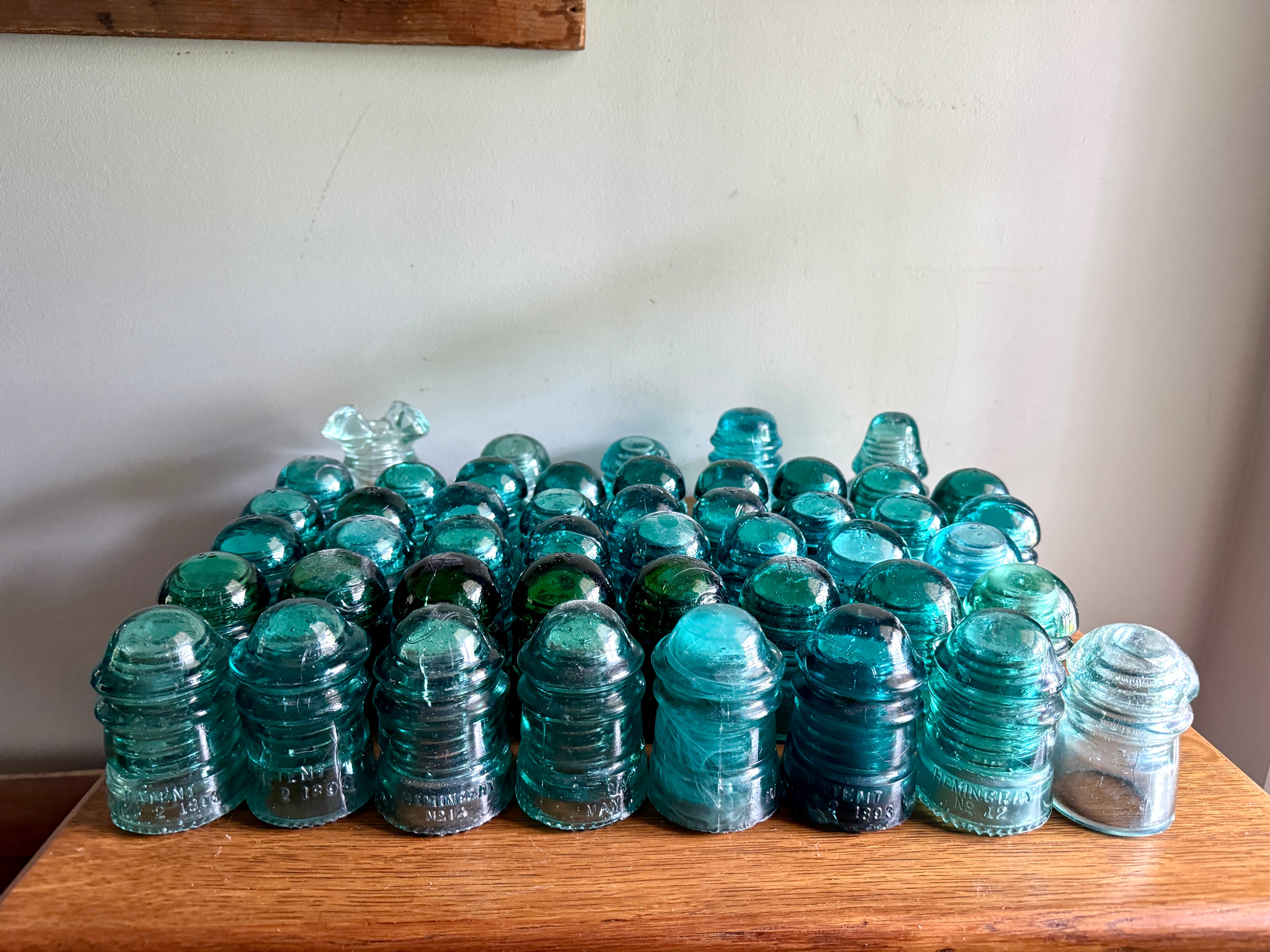 Mixed Lot of 47 Antique Glass Insulators ~ Brookfield & Hemingray Insulators in Wooden Box