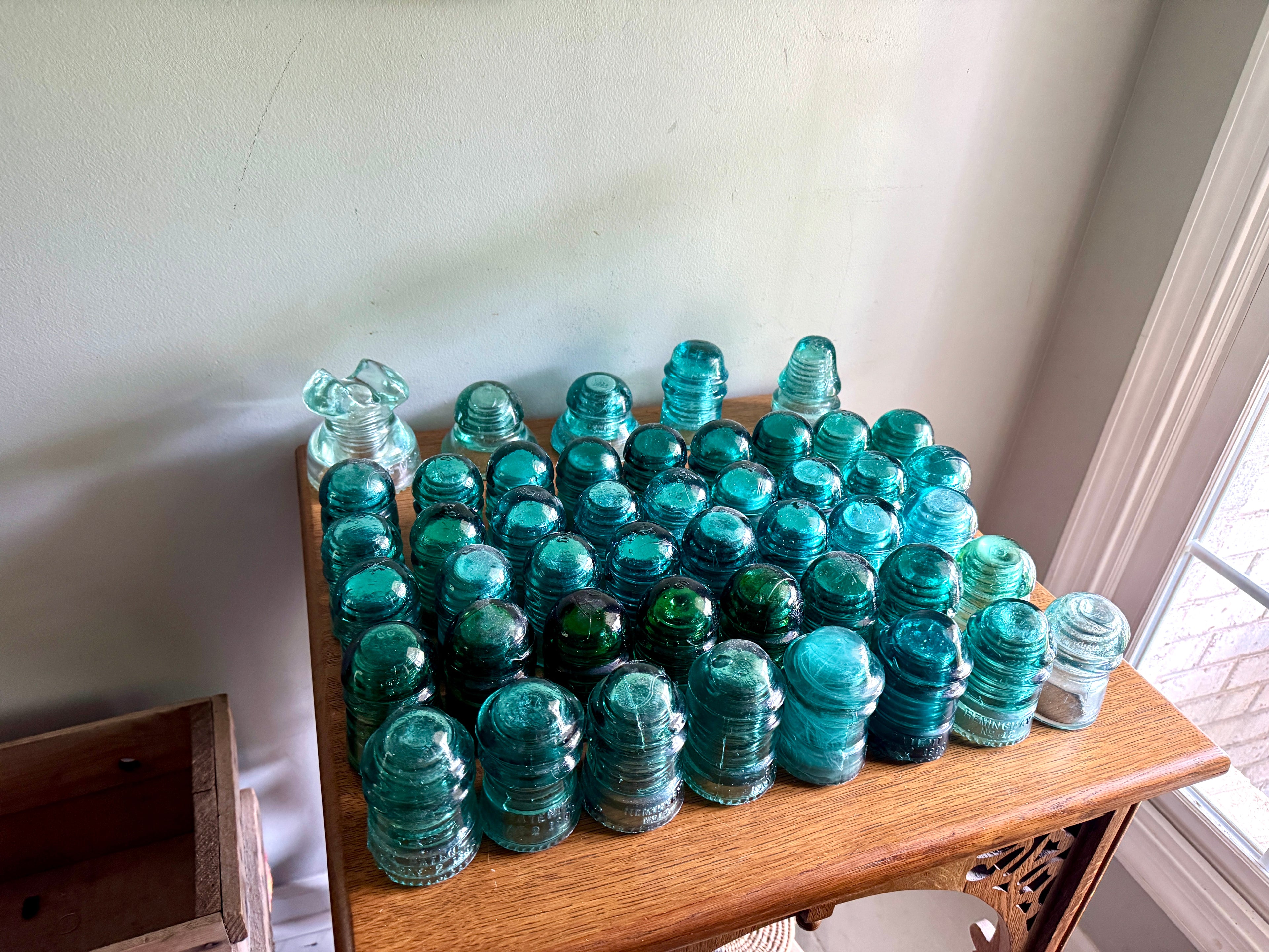 Mixed Lot of 47 Antique Glass Insulators ~ Brookfield & Hemingray Insulators in Wooden Box
