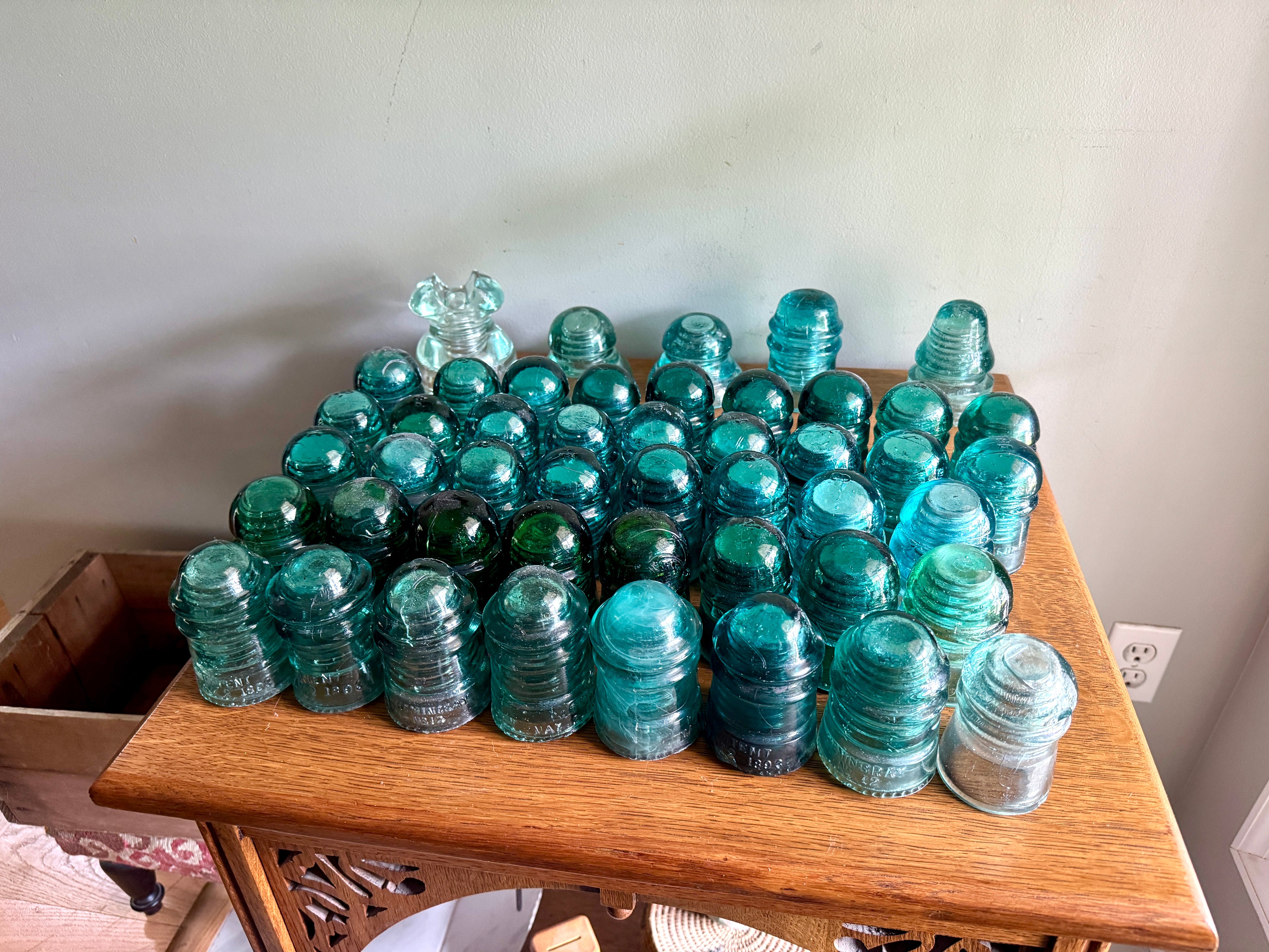Mixed Lot of 47 Antique Glass Insulators ~ Brookfield & Hemingray Insulators in Wooden Box