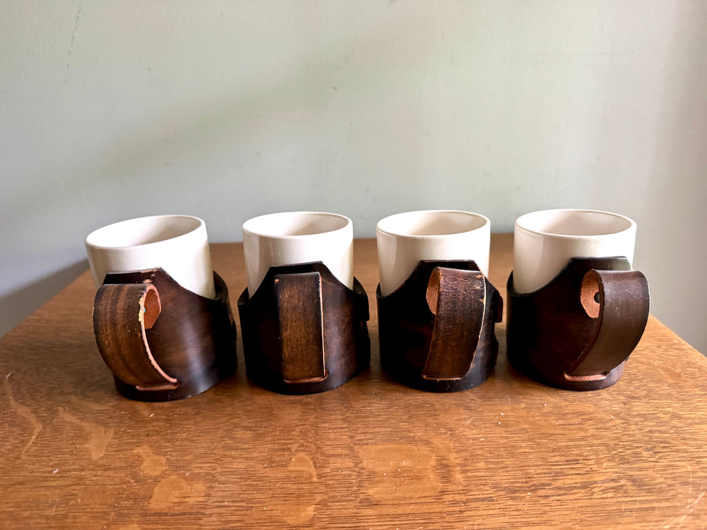 Set of 4 Tooled Leather Mug Holders with Handles and White Ceramic Cups