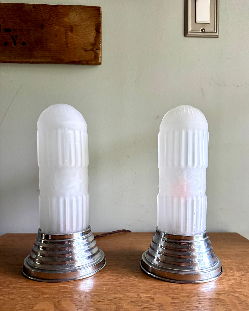 Pair of Art Deco Frosted Boudoir Lamps ~ Frosted Pressed Star Glass Torpedo Lamps