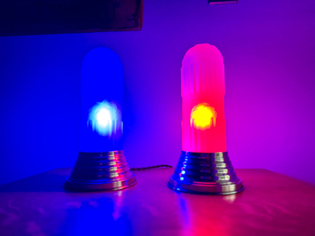 Pair of Art Deco Frosted Boudoir Lamps ~ Frosted Pressed Star Glass Torpedo Lamps