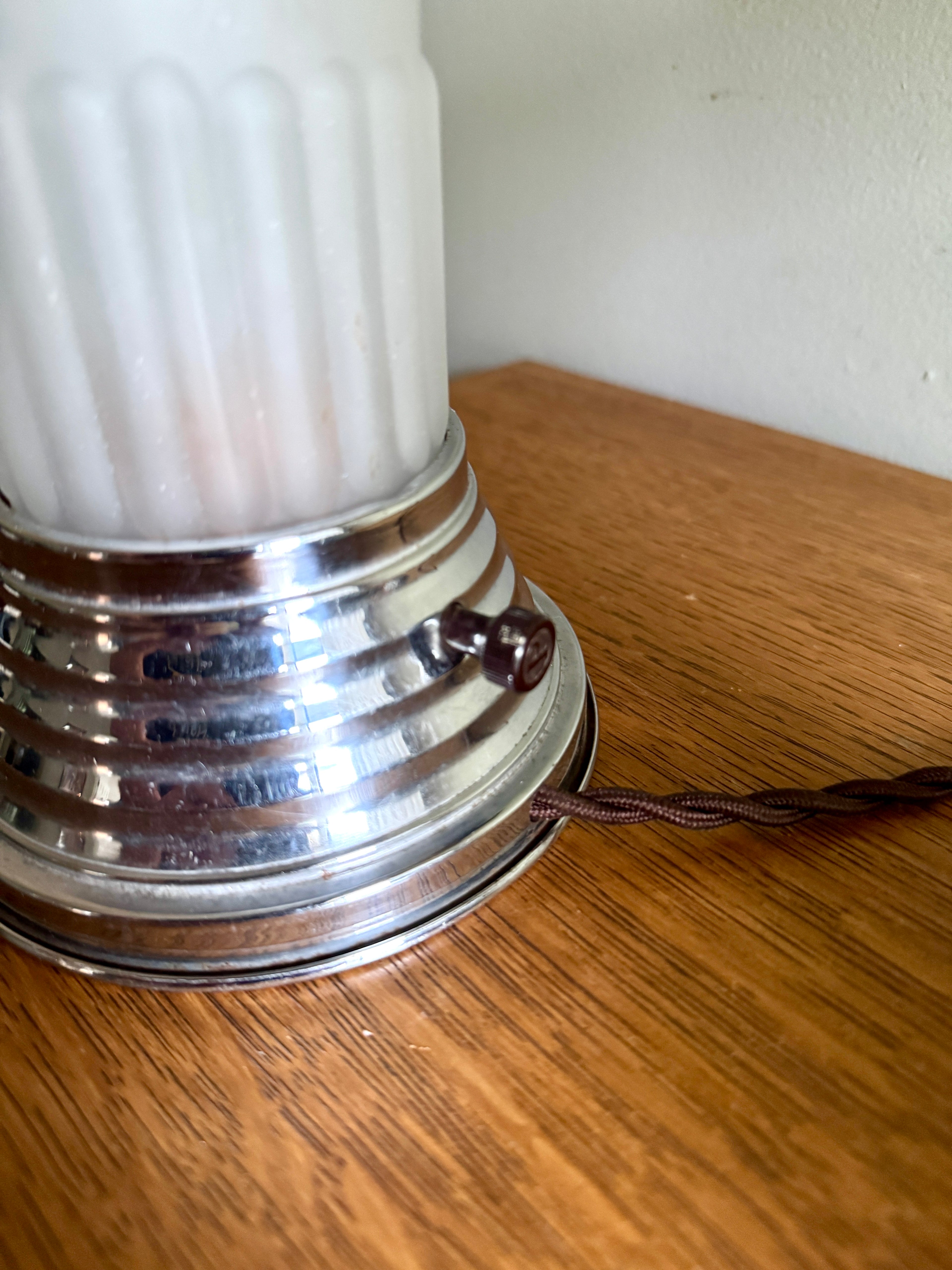 Pair of Art Deco Frosted Boudoir Lamps ~ Frosted Pressed Star Glass Torpedo Lamps