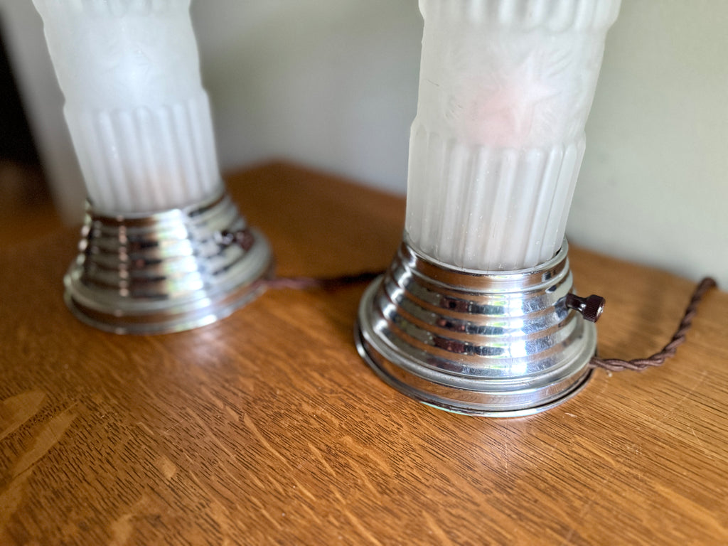Pair of Art Deco Frosted Boudoir Lamps ~ Frosted Pressed Star Glass Torpedo Lamps