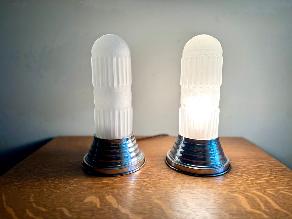 Pair of Art Deco Frosted Boudoir Lamps ~ Frosted Pressed Star Glass Torpedo Lamps