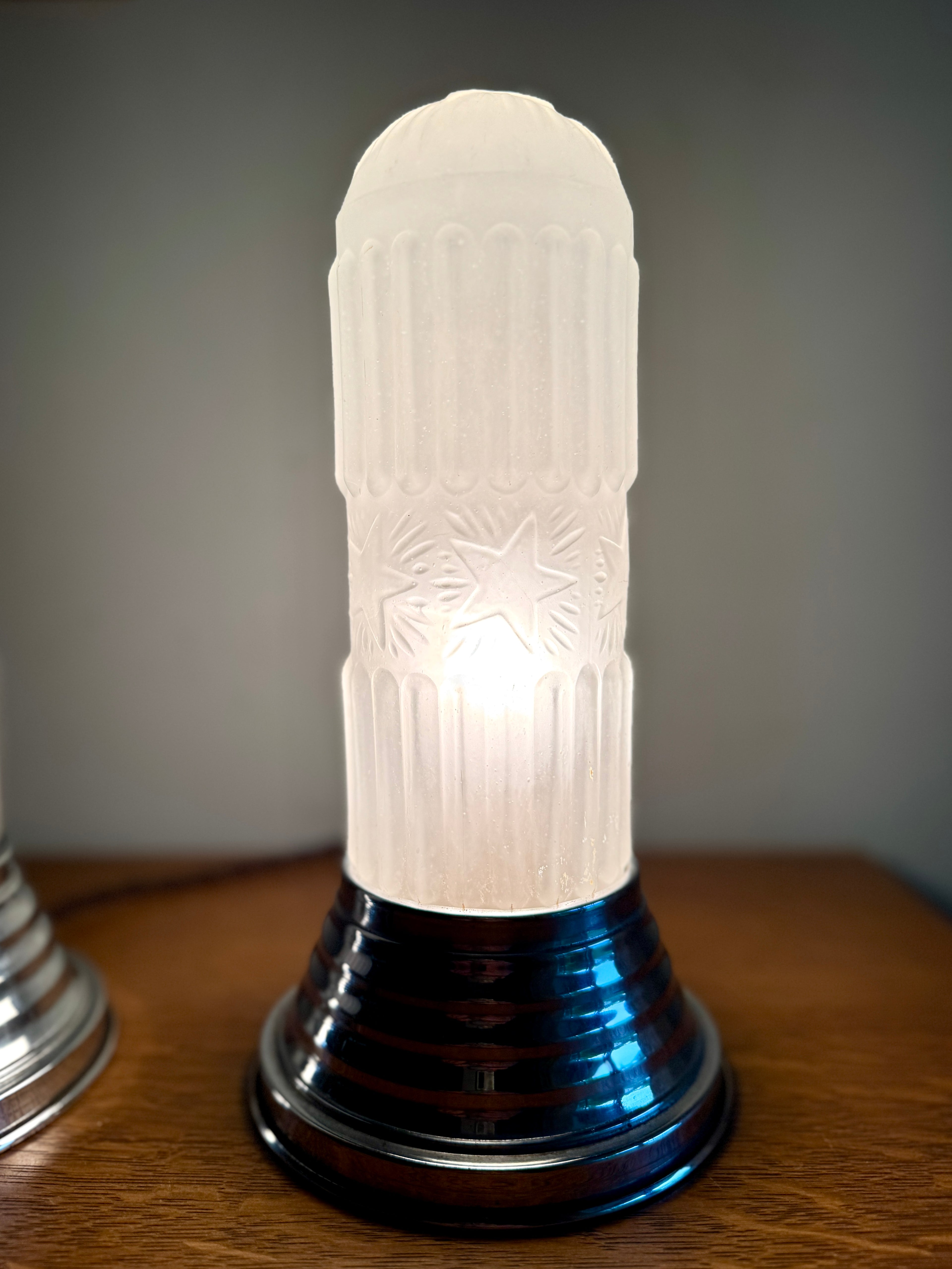 Pair of Art Deco Frosted Boudoir Lamps ~ Frosted Pressed Star Glass Torpedo Lamps