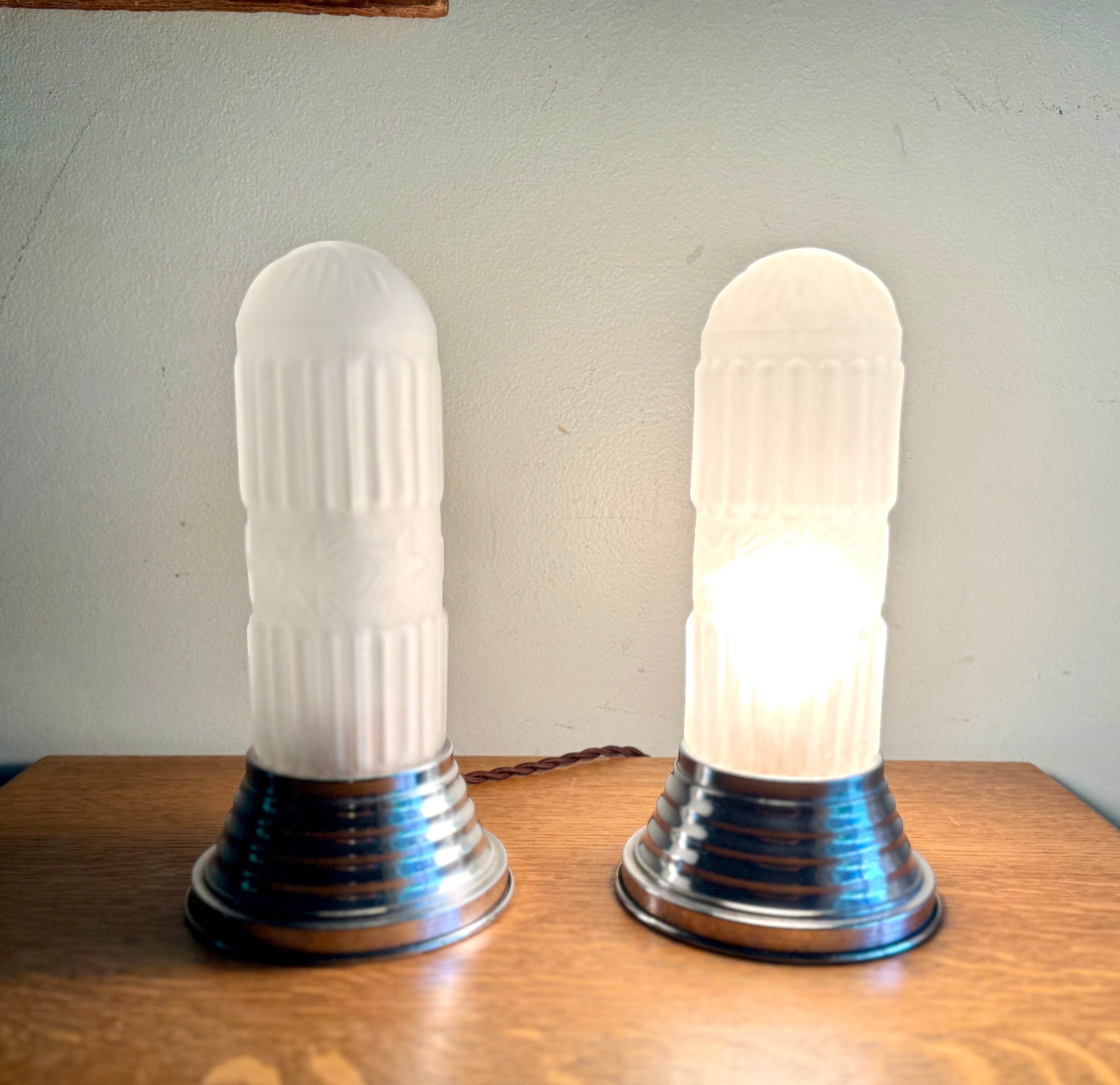 Pair of Art Deco Frosted Boudoir Lamps ~ Frosted Pressed Star Glass Torpedo Lamps