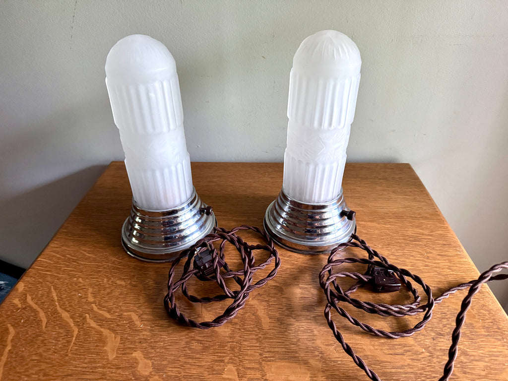 Pair of Art Deco Frosted Boudoir Lamps ~ Frosted Pressed Star Glass Torpedo Lamps
