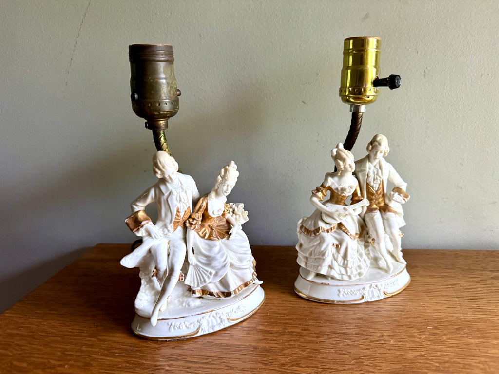 Pair of Mid-Century Porcelain Figural Table Lamp Courting Couples ~ Ceramic Courting Couple Boudoir Lamps