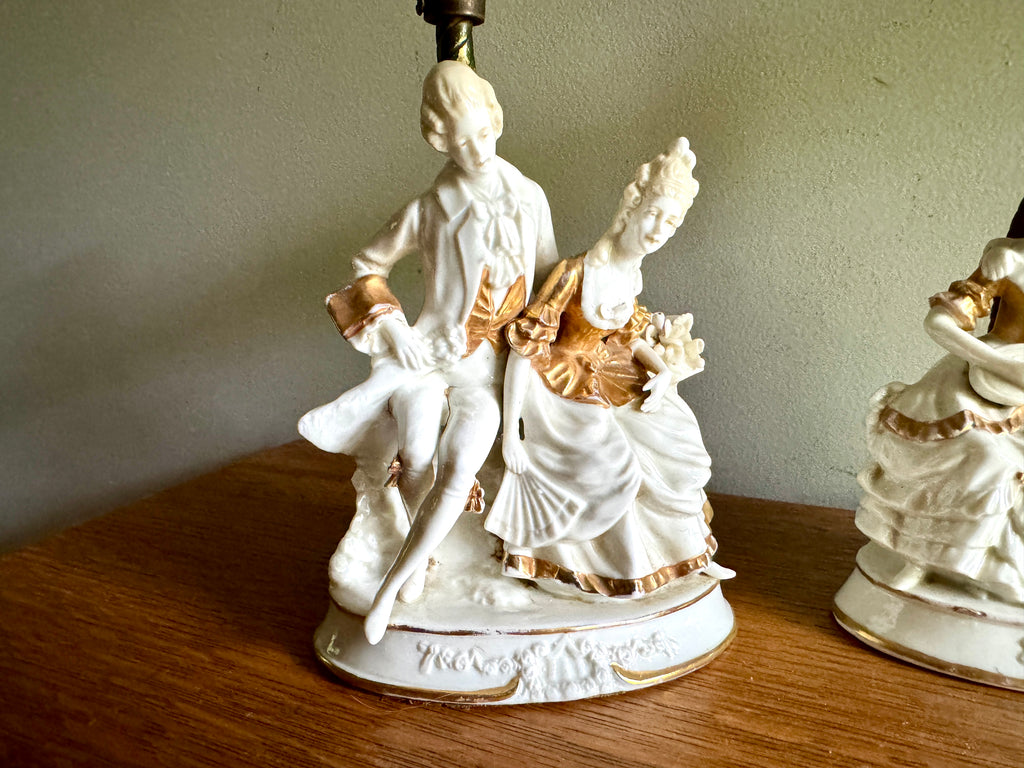 Pair of Mid-Century Porcelain Figural Table Lamp Courting Couples ~ Ceramic Courting Couple Boudoir Lamps