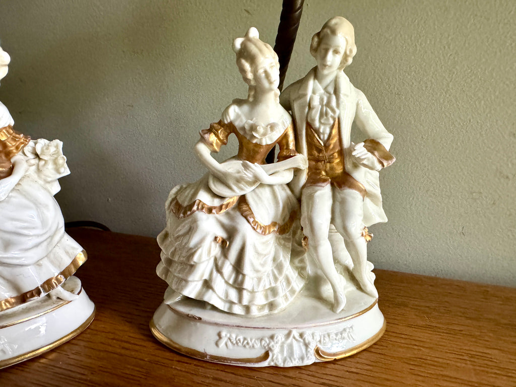 Pair of Mid-Century Porcelain Figural Table Lamp Courting Couples ~ Ceramic Courting Couple Boudoir Lamps