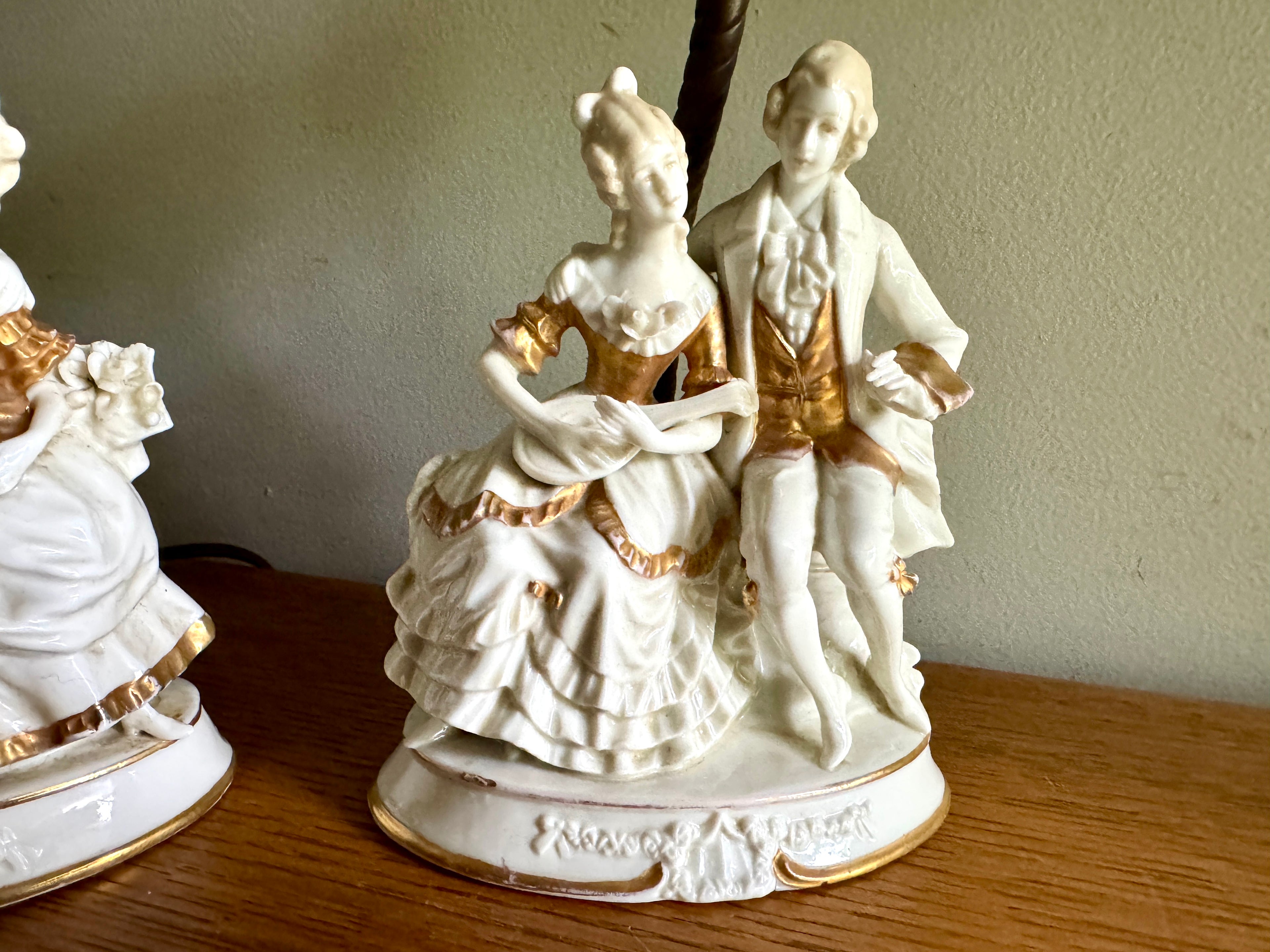 Pair of Mid-Century Porcelain Figural Table Lamp Courting Couples ~ Ceramic Courting Couple Boudoir Lamps