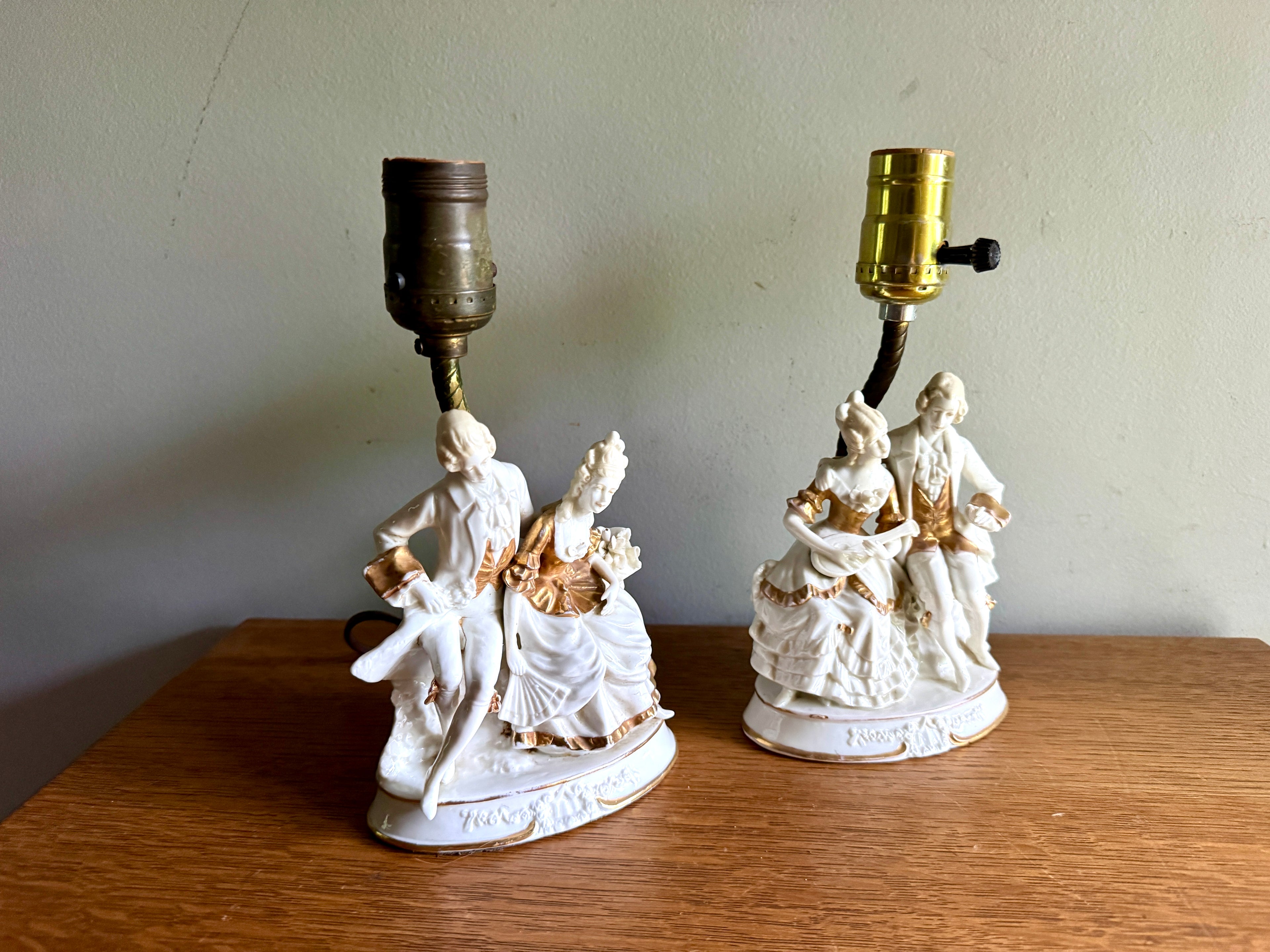 Pair of Mid-Century Porcelain Figural Table Lamp Courting Couples ~ Ceramic Courting Couple Boudoir Lamps