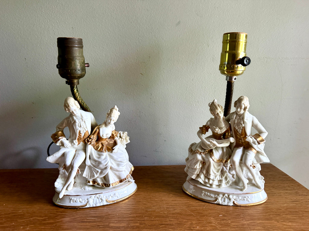 Pair of Mid-Century Porcelain Figural Table Lamp Courting Couples ~ Ceramic Courting Couple Boudoir Lamps