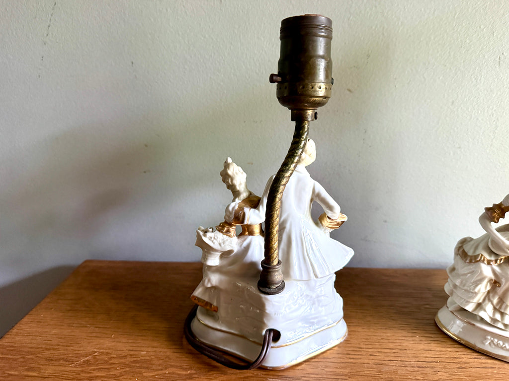 Pair of Mid-Century Porcelain Figural Table Lamp Courting Couples ~ Ceramic Courting Couple Boudoir Lamps